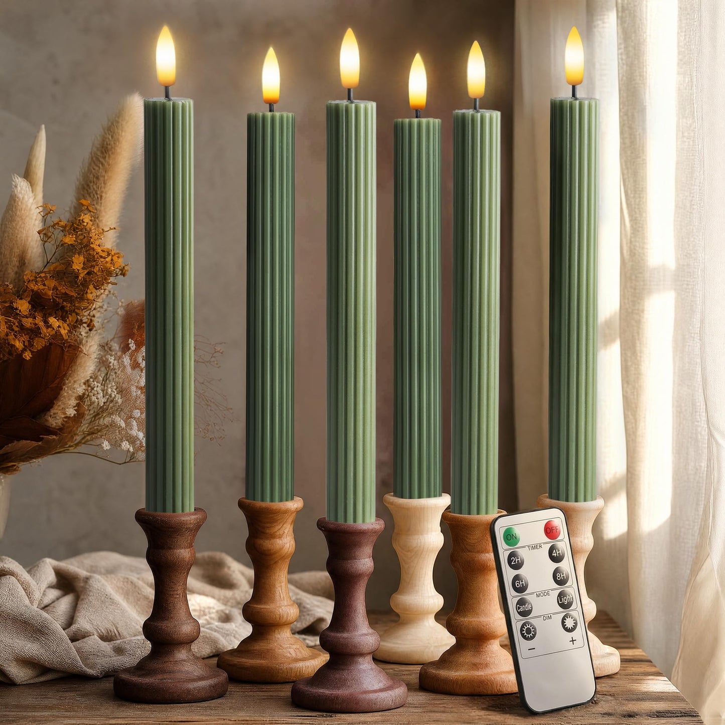 West Ivory 6 Pack, 10" LED Flameless Real Wax Sage Olive Loden Green Fluted Ribbed Grooved Taper Candles, Remote & 24h Timer Memory, On/Off Button, Dimmable, Flicker Mode, Battery Operated, Wedding