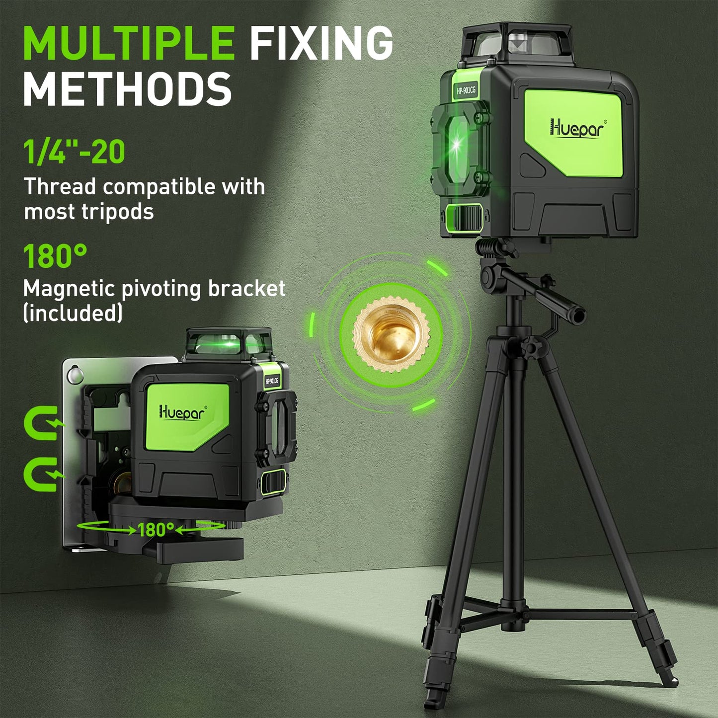Huepar 901CG Self-Leveling Laser Level, 360 Green Beam Cross Line Laser Tool, Alignment 360-Degree Horizontal Line with Pulse Mode, Magnetic Pivoting Base Included