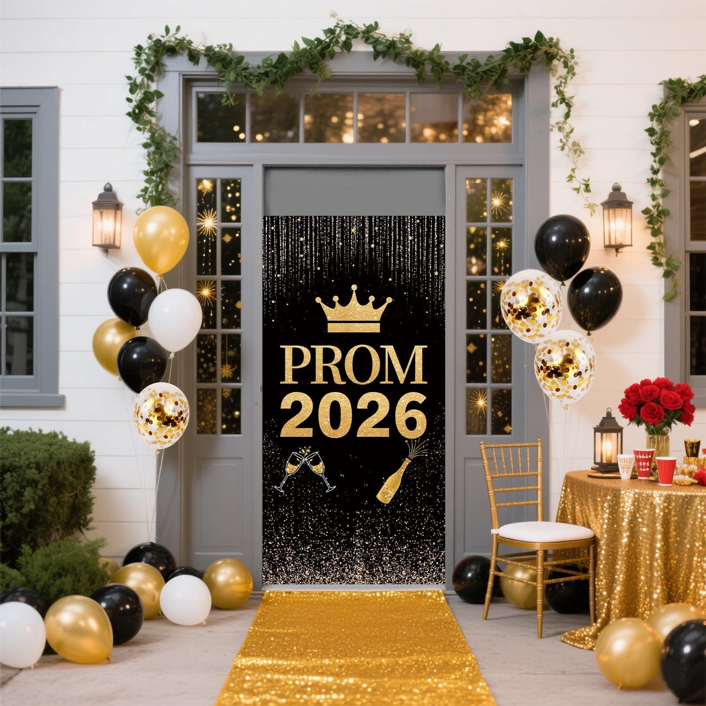 Prom 2026 Party Decorations Set Glitter Carpet Runner 15 x 2ft Runway Rug for Prom Party with Prom 2026 Door Banner, Tinsel Foil Fringe Curtains, Balloons for Graduation Prom Decoration (Gold)