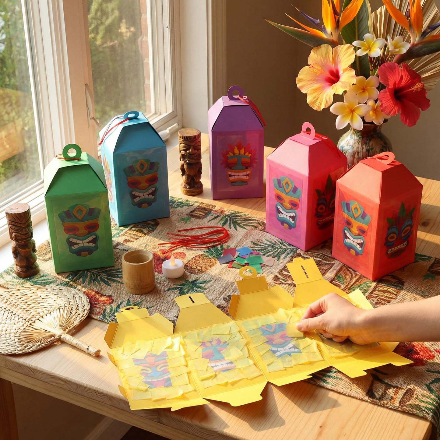 Simgoing 24 Sets Tiki Crafts with LED Candle Light Hawaii Party Decors Tiki Tissue Paper Crafts Kits DIY Your Own Tropical Totem Box Lanterns Hanging for Home Summer Luau Themed Art Party Decorations