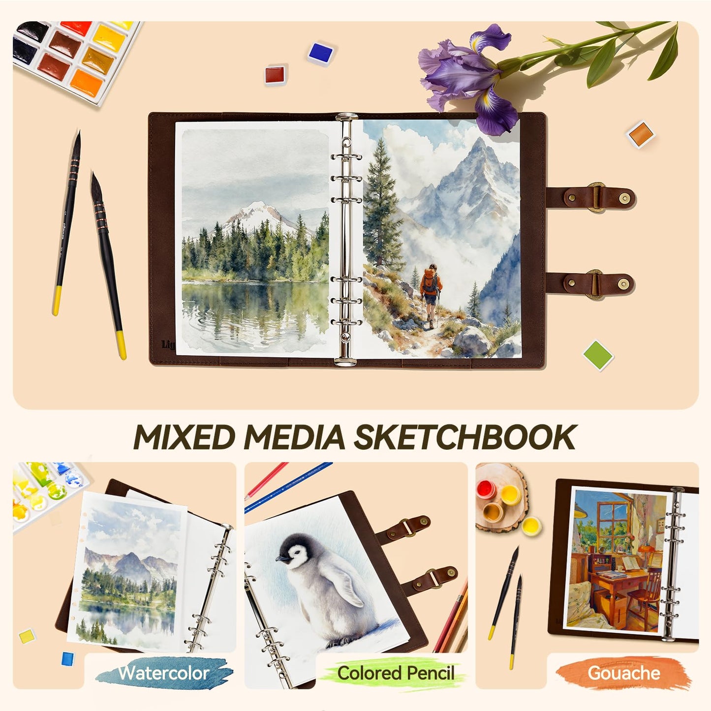 Lightwish Watercolor Sketchbook,100% Cotton Acid Free Watercolor Journal,300gsm/140lb Cold Press Watercolor Paper for Artists,Adults,Students,20 Sheets,5.8 * 8.2 Inches paper