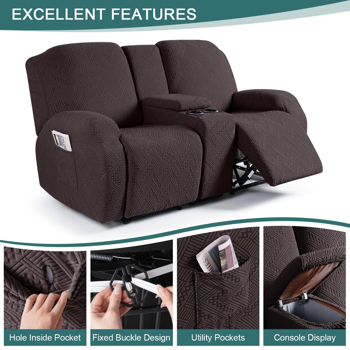 Ruaozz Stretch Loveseat Recliner Covers with Console 4-Pieces Recliner Sofa Covers with Pockets Jacquard Reclining Couch Covers Furniture Protector with Elastic Straps Bottom (2 Seater, Chocolate)