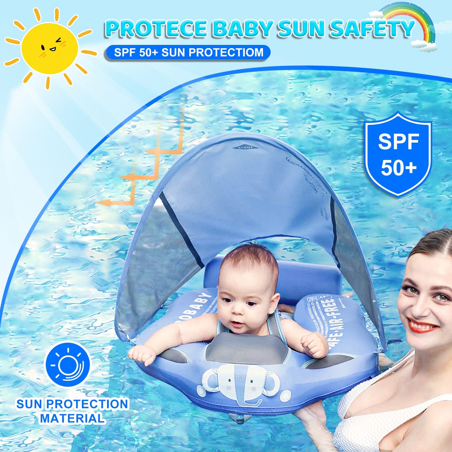 Mambobaby Baby Swim Float with Canopy & Tail Infant Pool Float Non-Inflatable Toddler Swim Float with Skin-Friendly Material for 3-24 Months Baby Boys Grils Elephant Blue