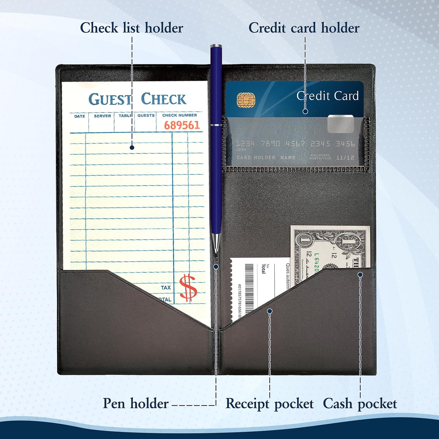 50 Pcs Check Presenters for Restaurants 4 x 8 inch Guest Check Presenters for Restaurant Black Card Bill Holder Receipt Check Holders with Guest Checkbook for Servers Waitress Waiter