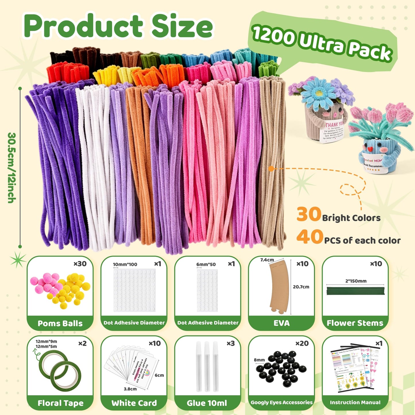 POMBUDS 1300 pcs Pipe Cleaners Crafts kit, 13 Colors, Potted Plants