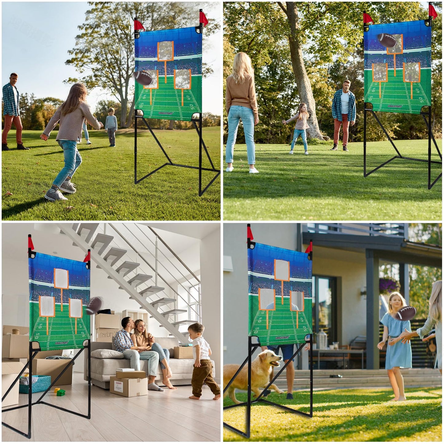 GOODLYSPORTS Football Toss Game with 4 Footballs, 66" Football Target, PVC Material, Green, Blue, Black, Classic Style, Indoor/Outdoor Use, 1+ Players, Target Tossing Game