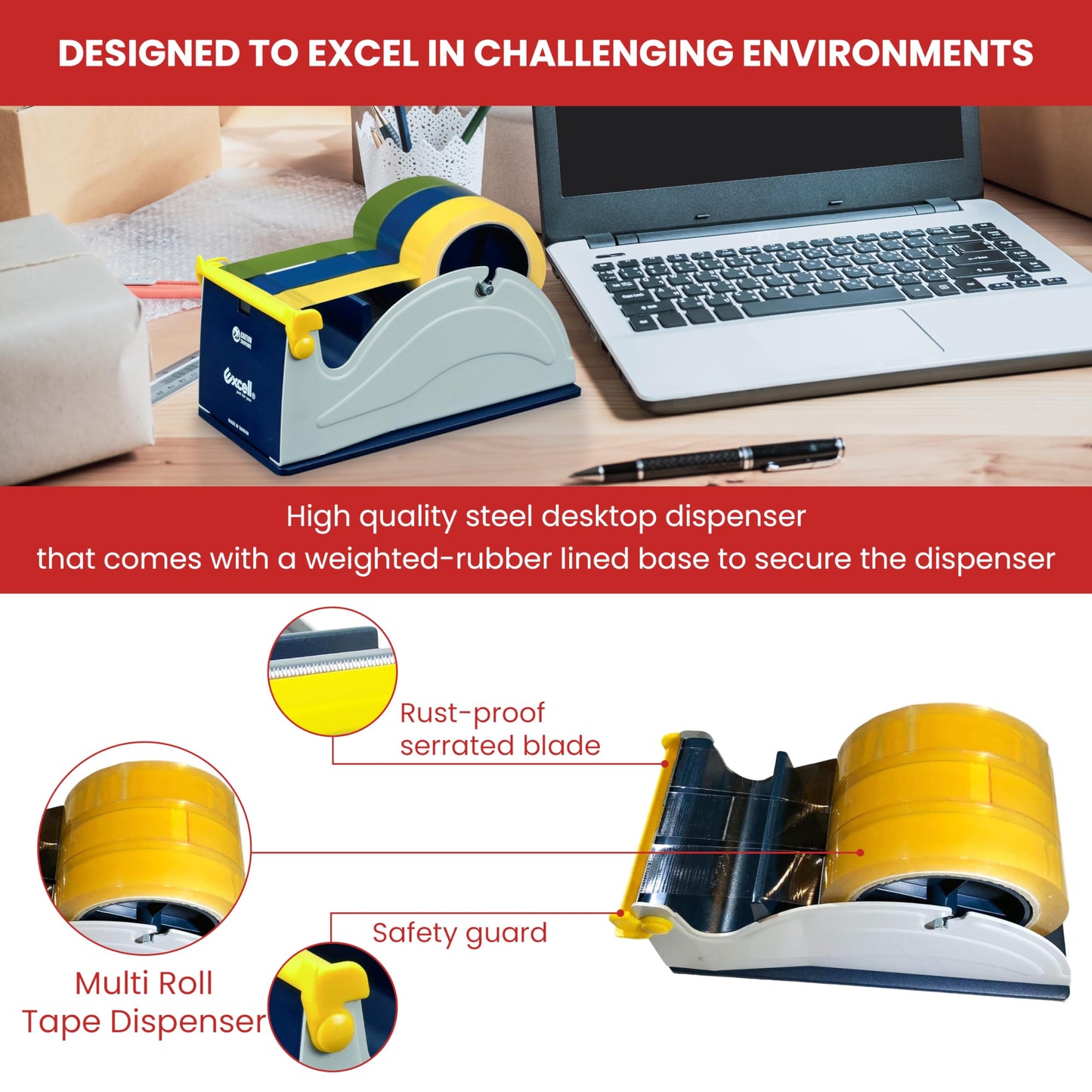 GGR Supplies ET-13370 Blue/Grey Premium Multi-Roll Steel Desk Top Tape Dispenser: 3 in. Wide (3 in. core). Manufactured by Excell