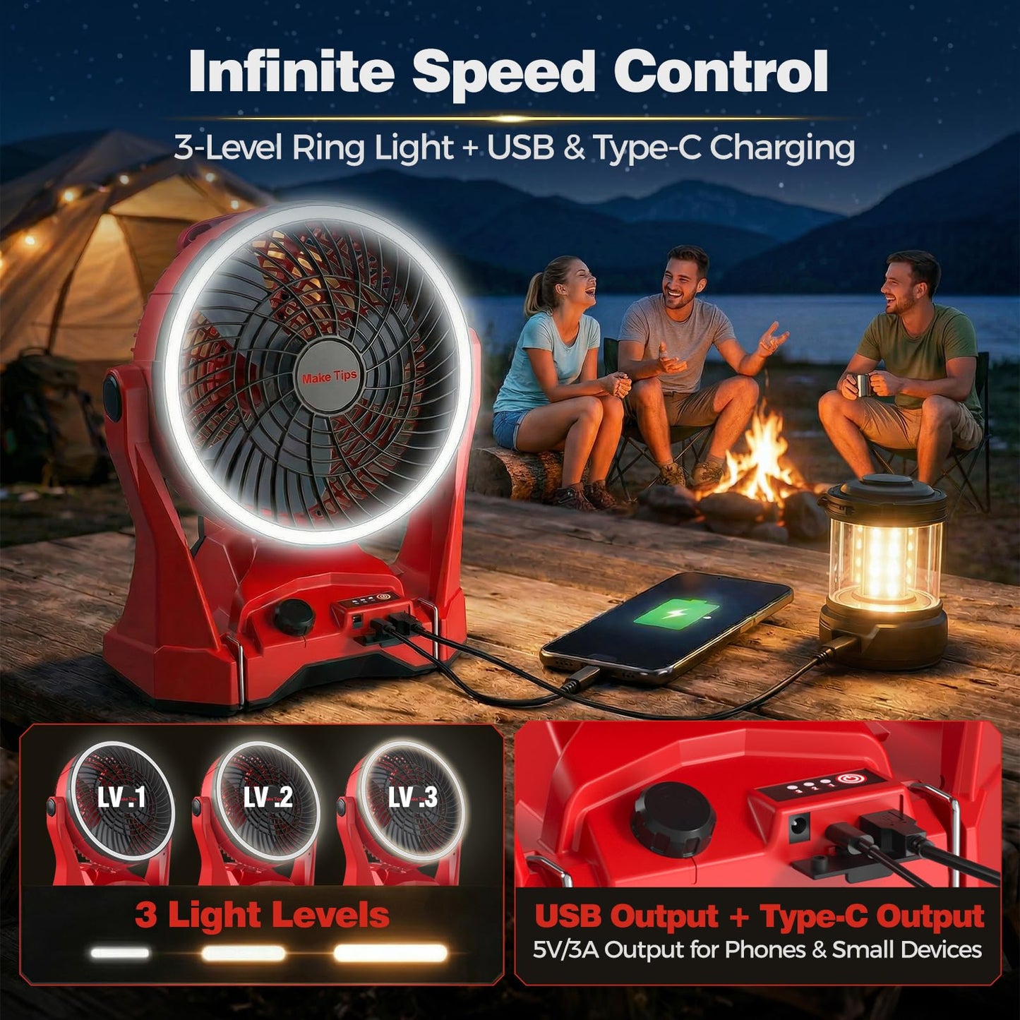 Fan for Milwaukee M18 Battery, Portable Jobsite Camping Fan with Infinite Speed Control, 3-Level Ring Light, USB-C and USB Charging, Hook, Handle, 180° Tilt for Outdoor Use, Battery Not Included