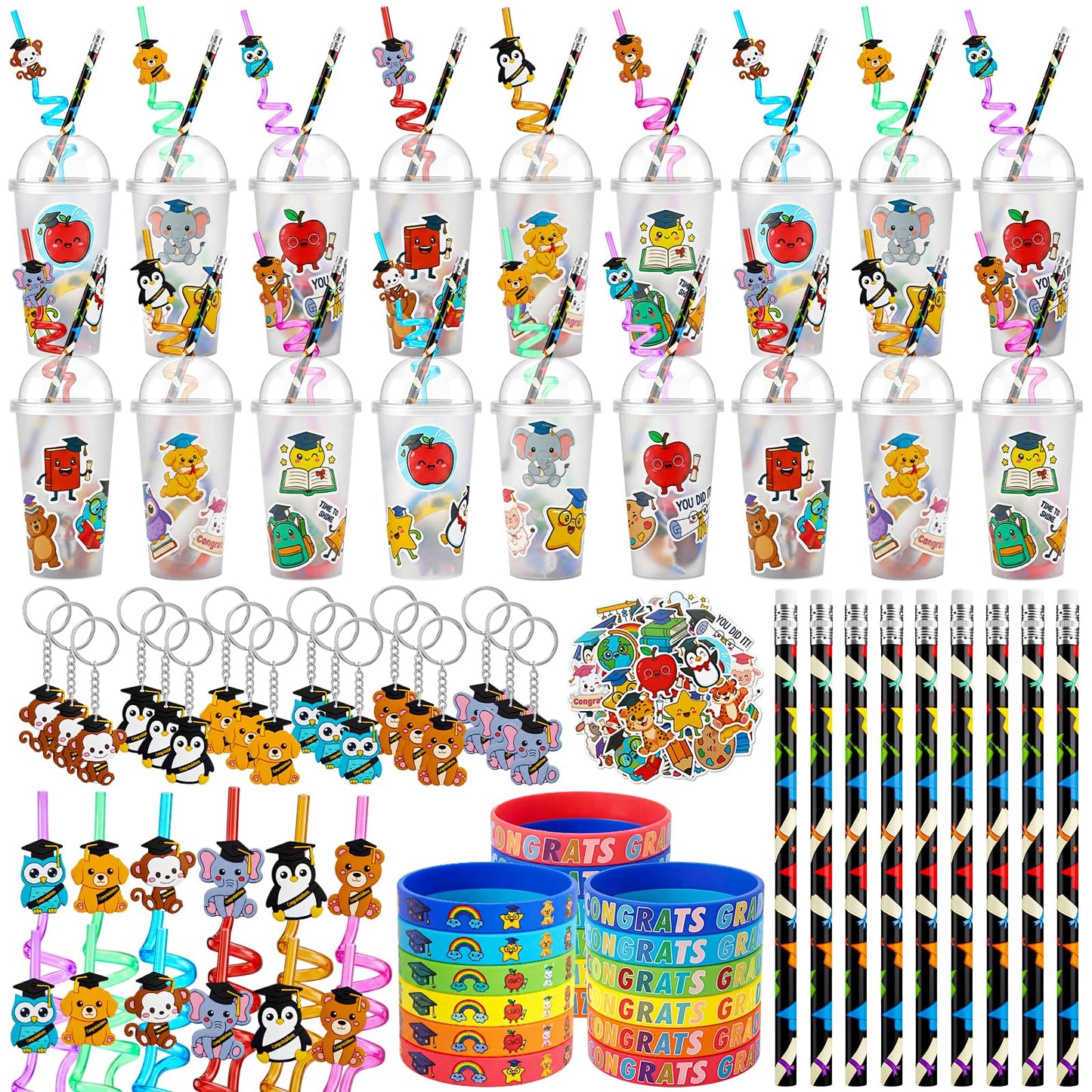 Funnymoom 194 Pcs Graduation Party Favors Class of 2026 Cup Fillers Congrats Grad Keychain Pencil Silicone Bracelet for End of Year Gift from Teacher Rewards Bingo Game Prizes, 24 Sets(Animal)
