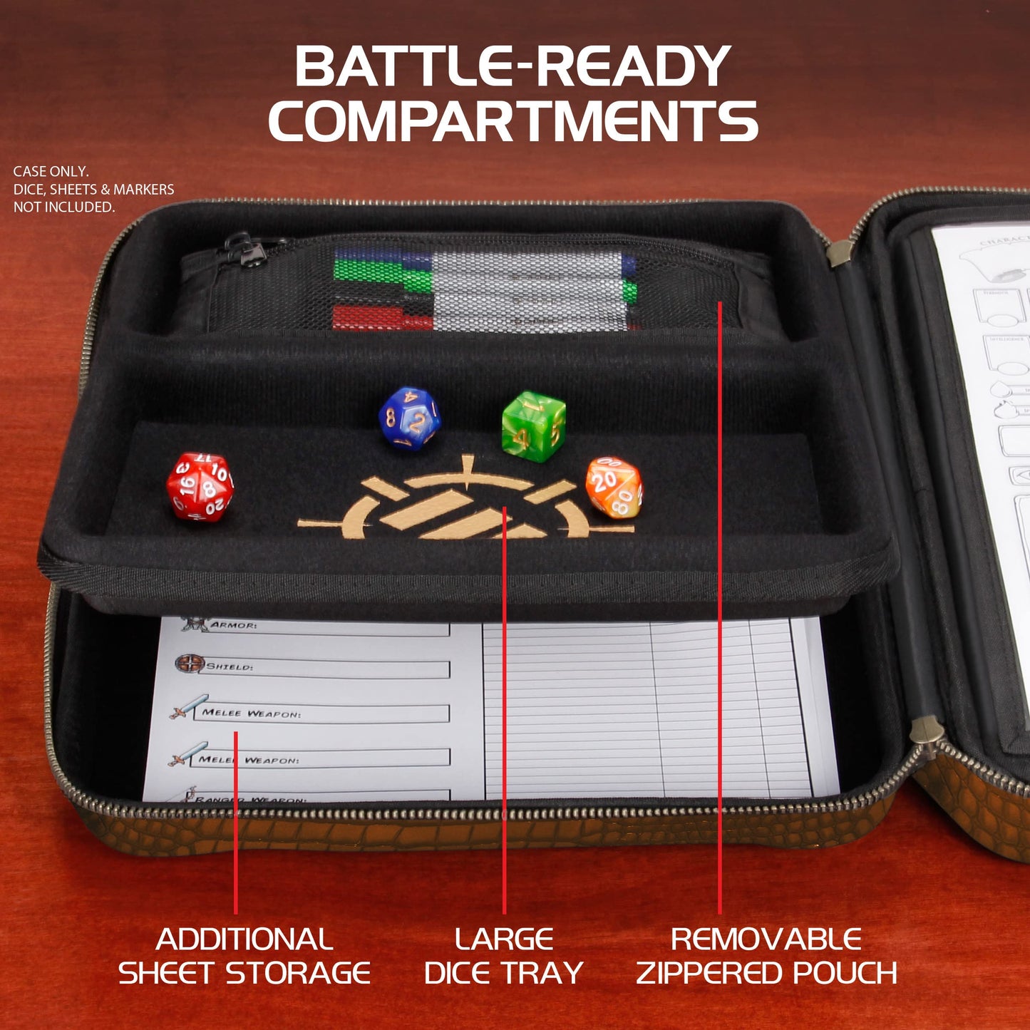 ENHANCE Collector's Edition RPG Organizer Case - DND Binder with Built-in Character Sheet Holder and Erasable Scribe Panel, Dice Rolling Area, Removable Pen Pouch, Miniature Foam Tray (Dragon Brown)
