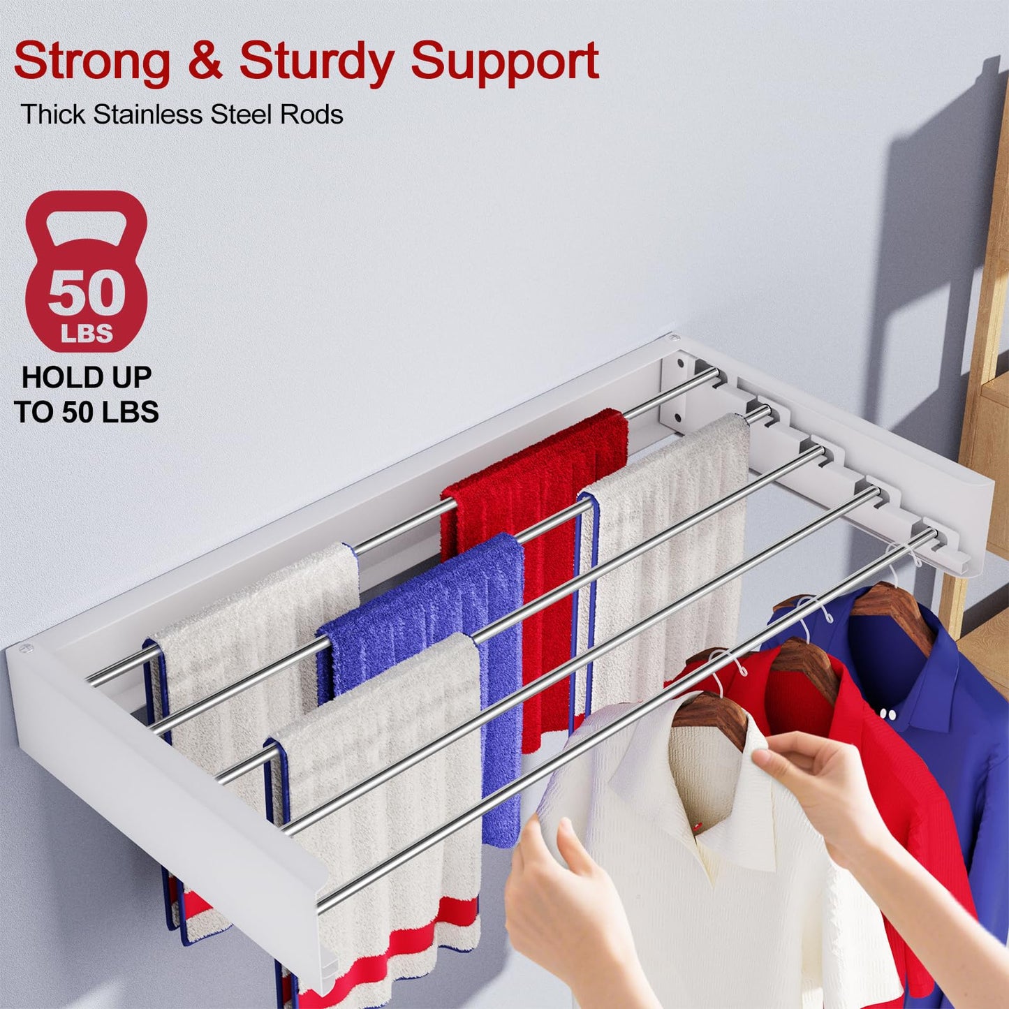 SOLVESTIS Wall Mounted Drying Rack 31.5", Foldable Laundry Drying Rack with Stainless Steel Rods, Retractable Laundry Space Saver for Indoor & Outdoor Use, Include Wall Template