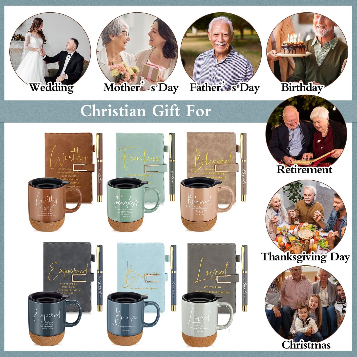 FillTouch 6 Set Fathers Day Christian Gifts for Men,Religious Church Gifts Bulk A5 Christian Journal Notebook 15 oz Bible Verse Ceramic Coffee Mug Pen Set for Office Supplies (Light Color,Classic)