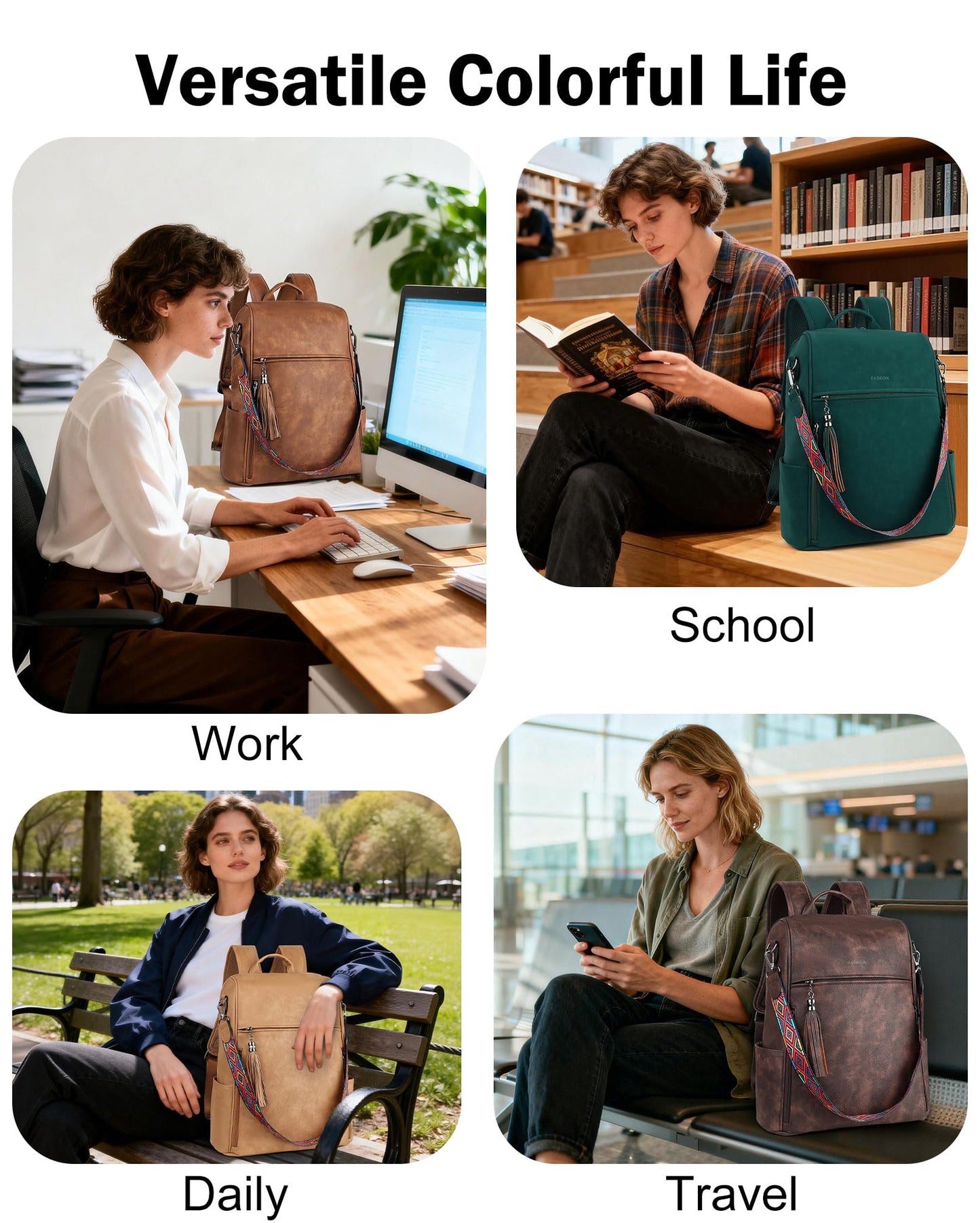 FADEON Leather Laptop Backpack for Women Designer 15.6 inch PU Laptop Bag, Ladies Travel Computer Work Backpack Brown