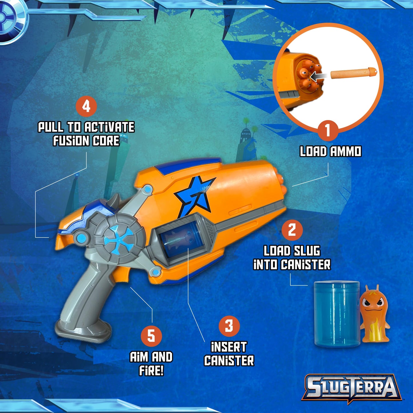 Slugterra Eli's Rapid Fire Blaster, Holds 6 Slug Ammo, Foam Slugs Shoot Over 30 Feet, Pull Back to Launch Each Slug, Includes 8 Slug Ammo, Toy for Kids & Teens
