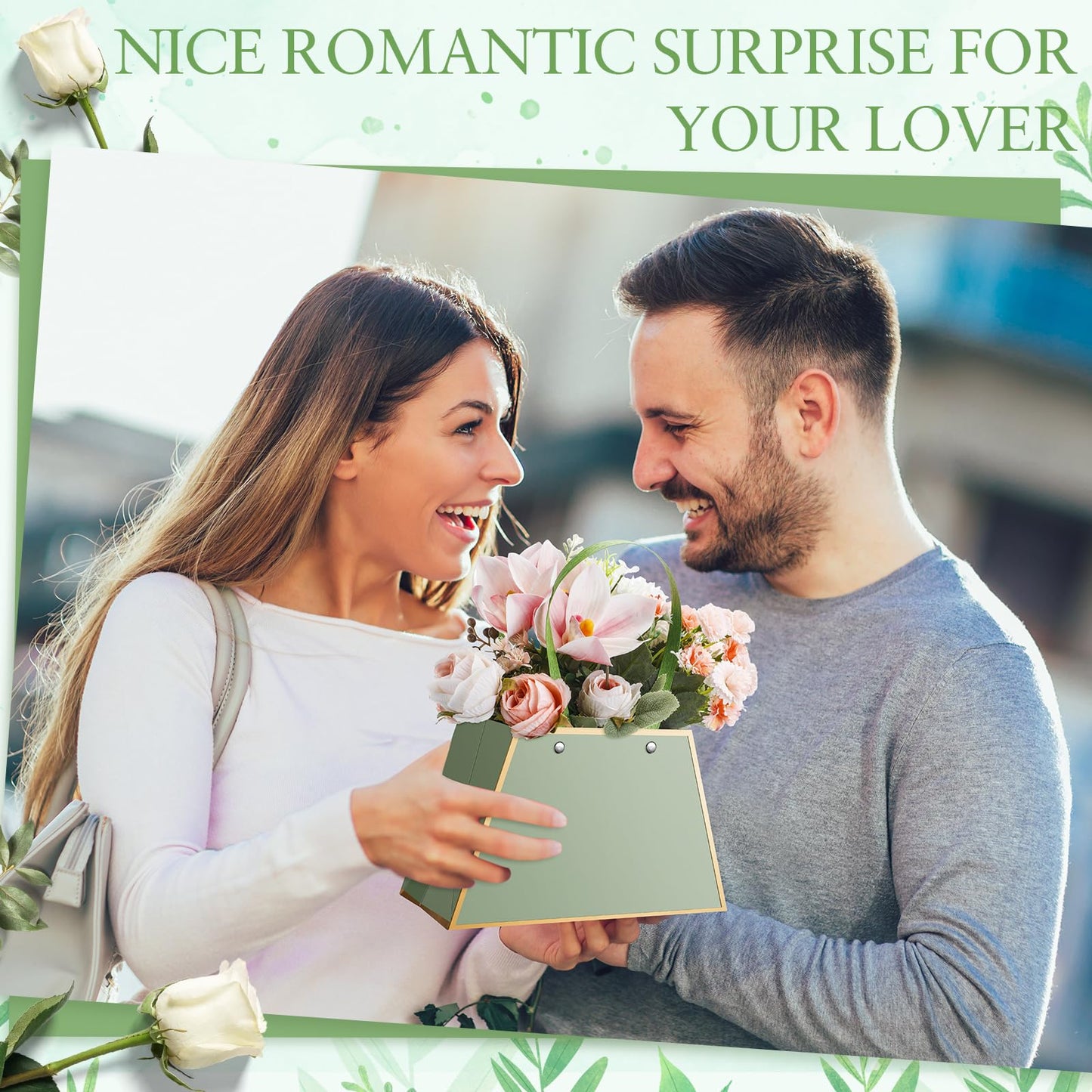Noveread 24 Pcs Floral Bouquet Bags Bulk Wedding Party Centerpiece Box Decoration Portable Flower Wrapping Paper Gift Box for Arrangement with Handle Florist Supplies for Women Anniversary(Sage Green)