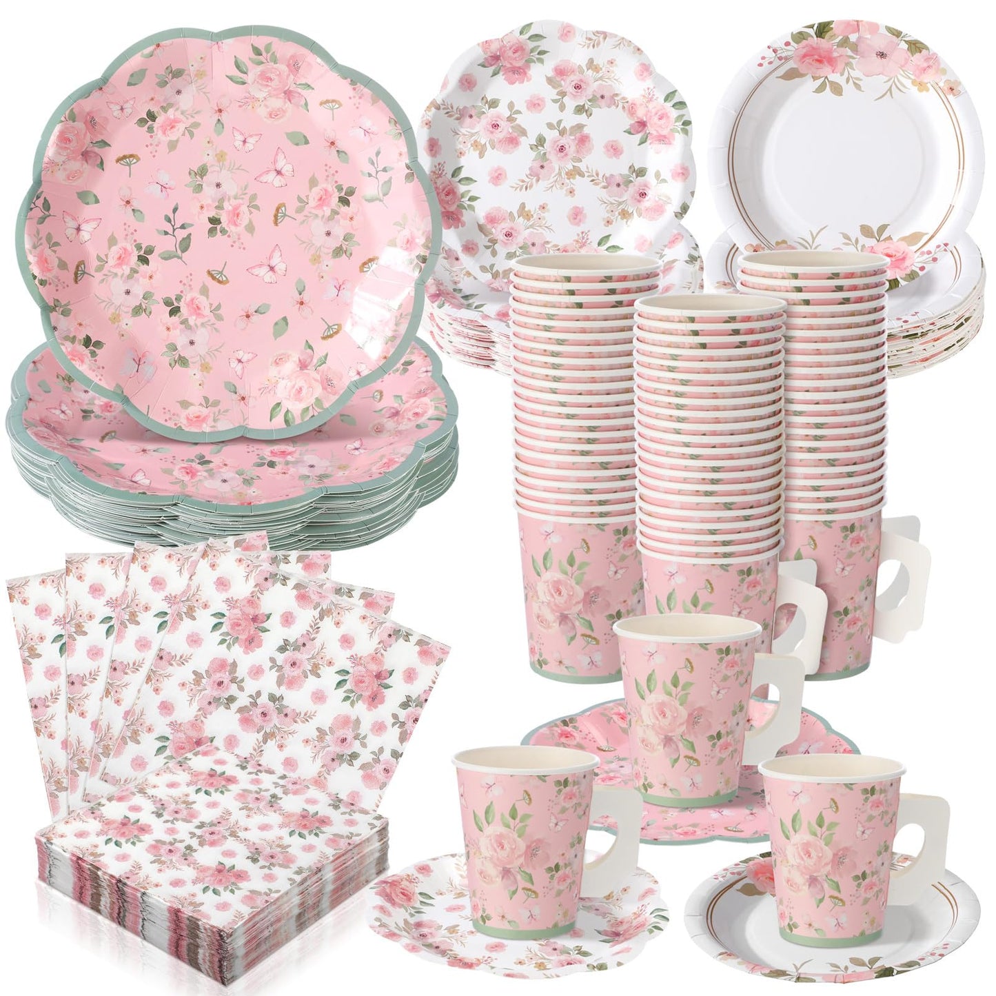 Pickmesh 252 Pcs Pink Floral Tea Party Supplies for 36 Guests Pink Floral Paper Disposable Dinnerware Flower Teacups with Handle and Saucers Set for Tea Party Decorations Birthday Wedding