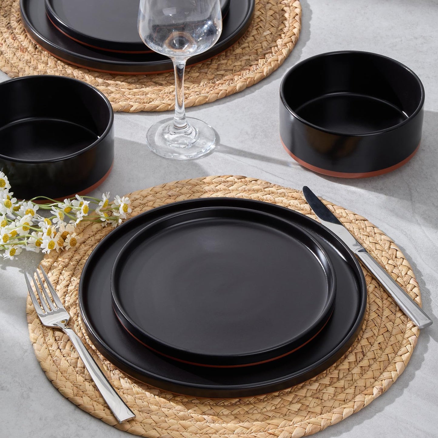 LIANYU 12 Pieces Porcelain Dinnerware Sets, Premium Plates and Bowls Set, High-Fired Ceramic Dishes Set for 4, Chip & Scratch Resistant, Microwave Dishwasher Safe, Charcoal Black