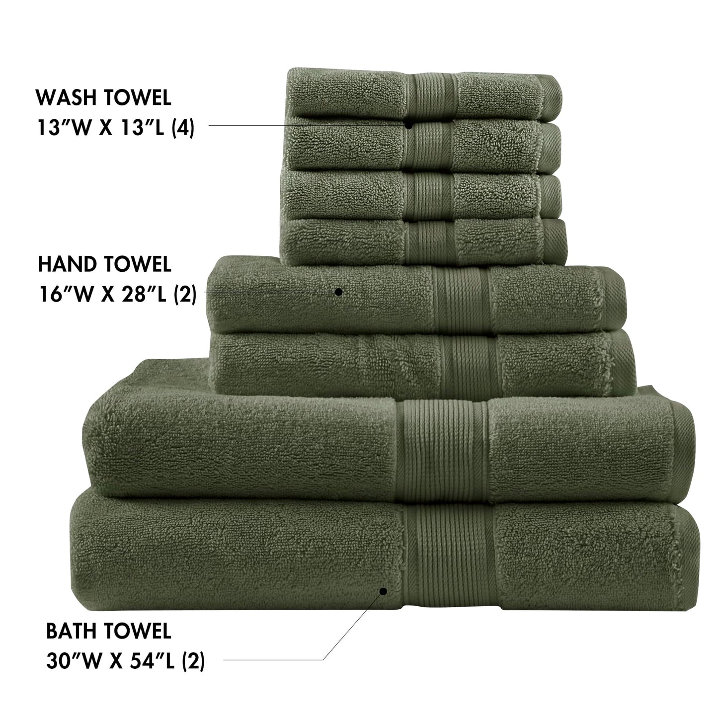 Madison Park 800GSM Bathroom Towel Set of 8 100% Cotton Bath Towel Set for Bathroom Luxurious Highly Absorbent 2 Bath Towels 2 Hand Towels 4 Washcloths Quick Dry Spa Quality Olive Green