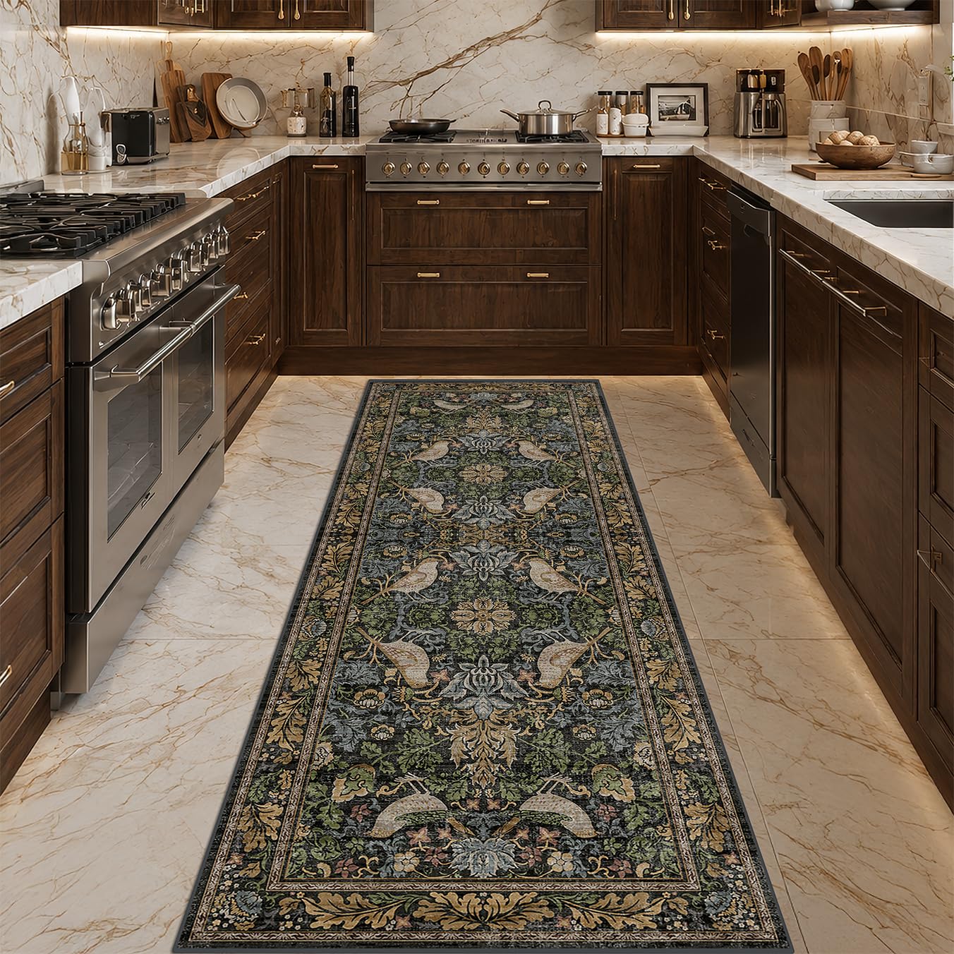 Vintage Runner Rugs for Hallways - 2'6"x8' Wide Kitchen Runners, Entryway Rug, with Flowers and Leaves, Washable Non Slip Low Pile