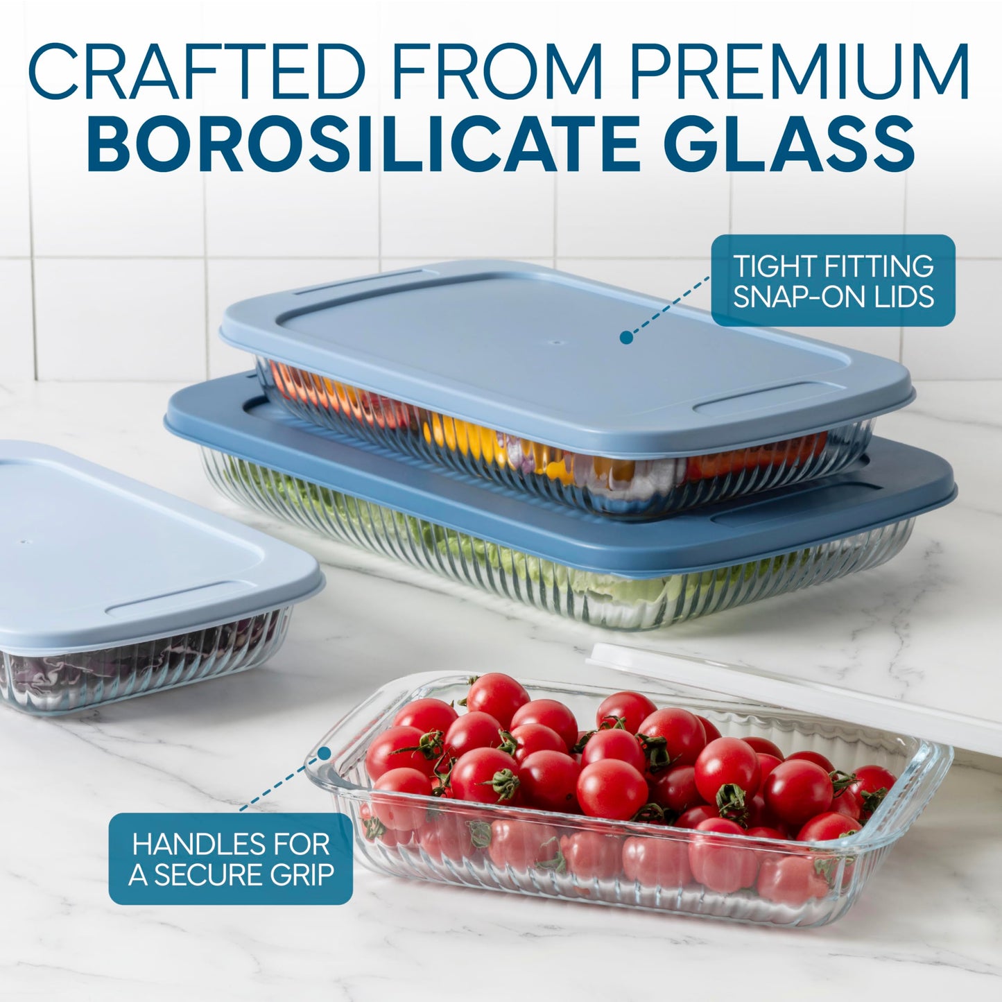COOK WITH COLOR 8-Piece Deep Glass Baking Dish Set with Plastic Lids – Casserole and Food Storage Containers for Lasagna, Leftovers – Freezer-to-Oven, Microwave & Dishwasher Safe, Fluted Blue