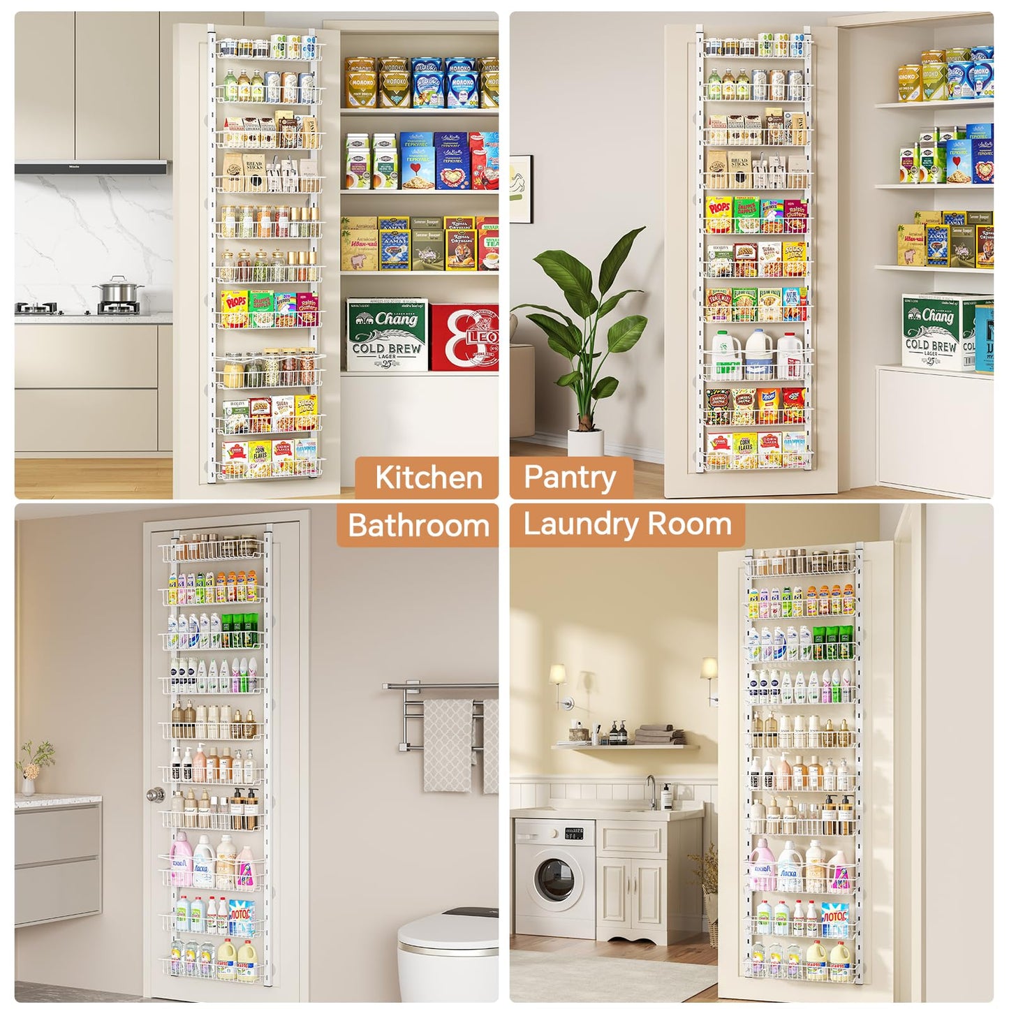 MIAOLI Over the Door Pantry Organizer, 10-Tier Adjustable Spice Rack Cabinet Door Shelves, Hanging Seasoning Organizer for Kitchen Bathroom, Laundry Room Organization, White