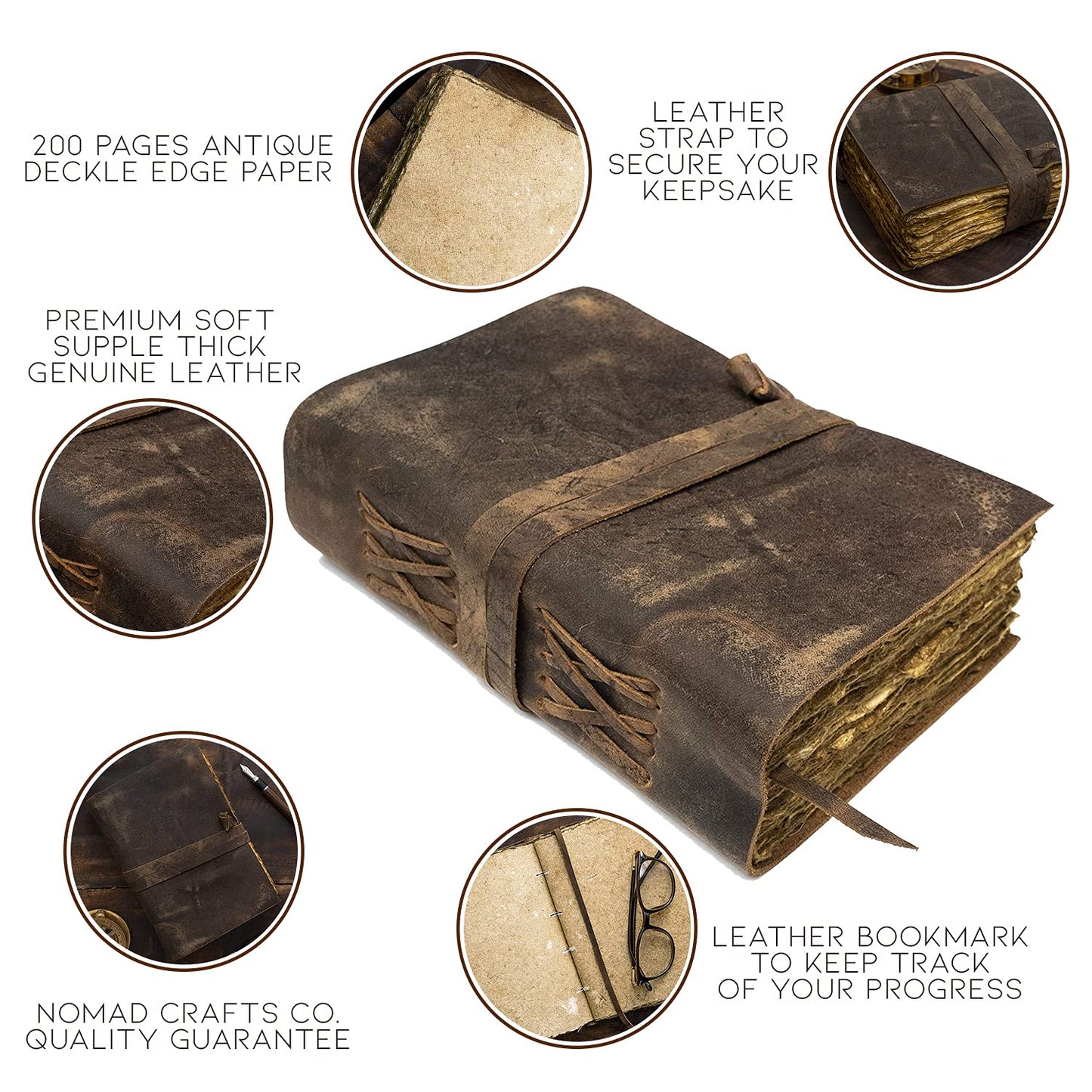 NomadCraftsCo. Leather Journal - Vintage Leather Journal with Bookmark, Book of Shadows Journal, Grimoire Journal, Witch Journal, Vintage Journal for Men and Women, 200 GSM Antique Deckle Edge Paper