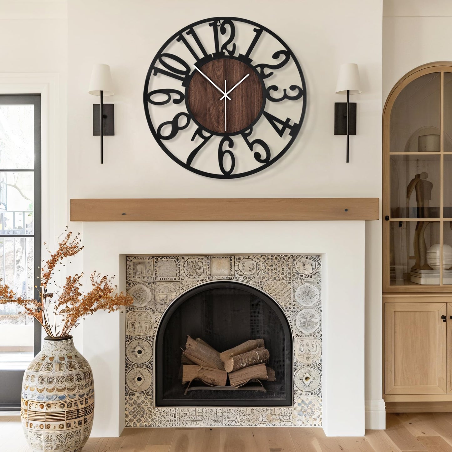 Maxstar Round Wall Clock for Living Room Decor Battery Operated Non Ticking Black Metal Wood Clocks for Home Living Room Garden Office Kitchen Decoration -16 inch