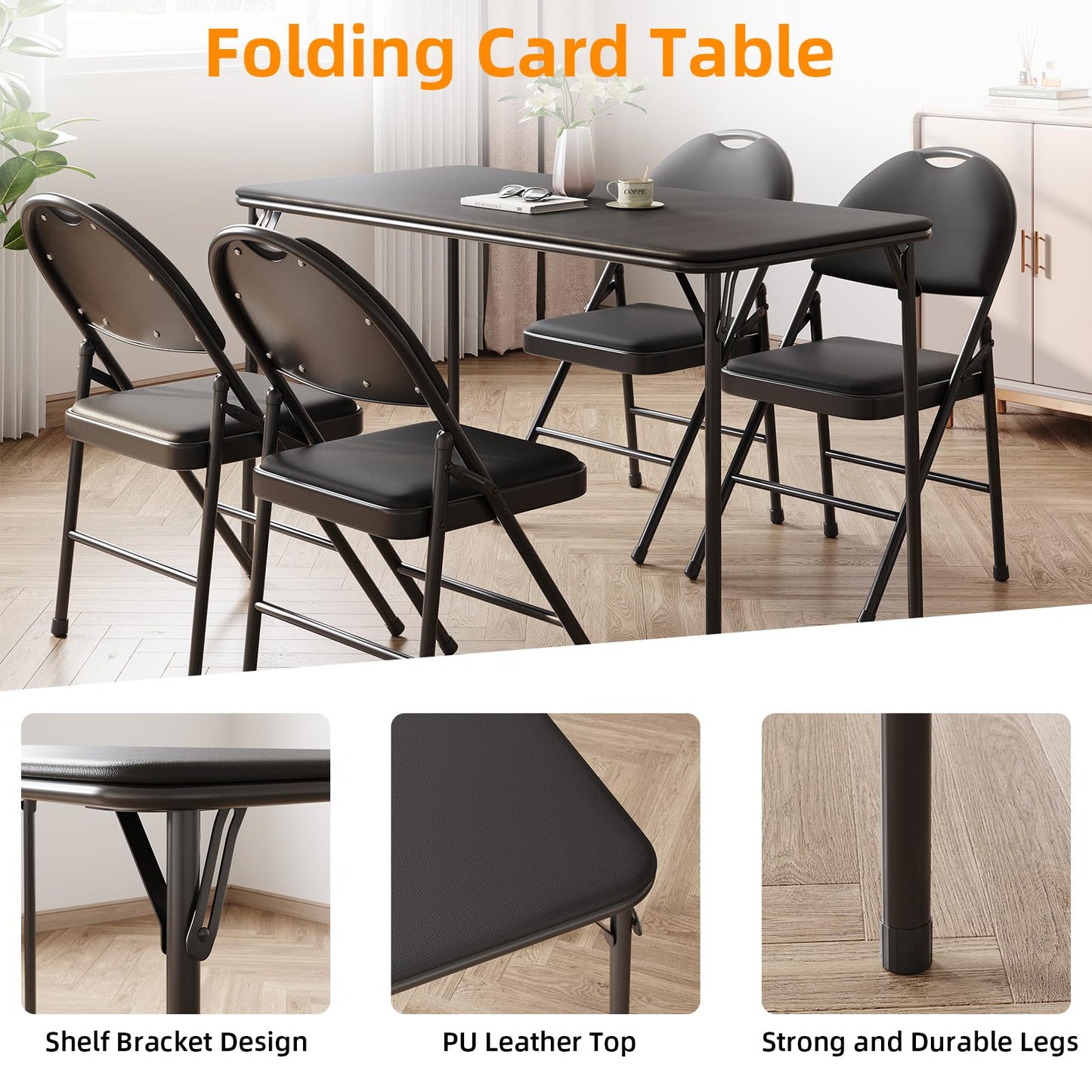 IDEALHOUSE 4 Feet Folding Table, Protable Foldable Card Table, Metal Legs Support, Upholstered PU Leather Tabletop, Heavy Duty, No Assembly Required, Perfet for Indoor and Outdoor, Black