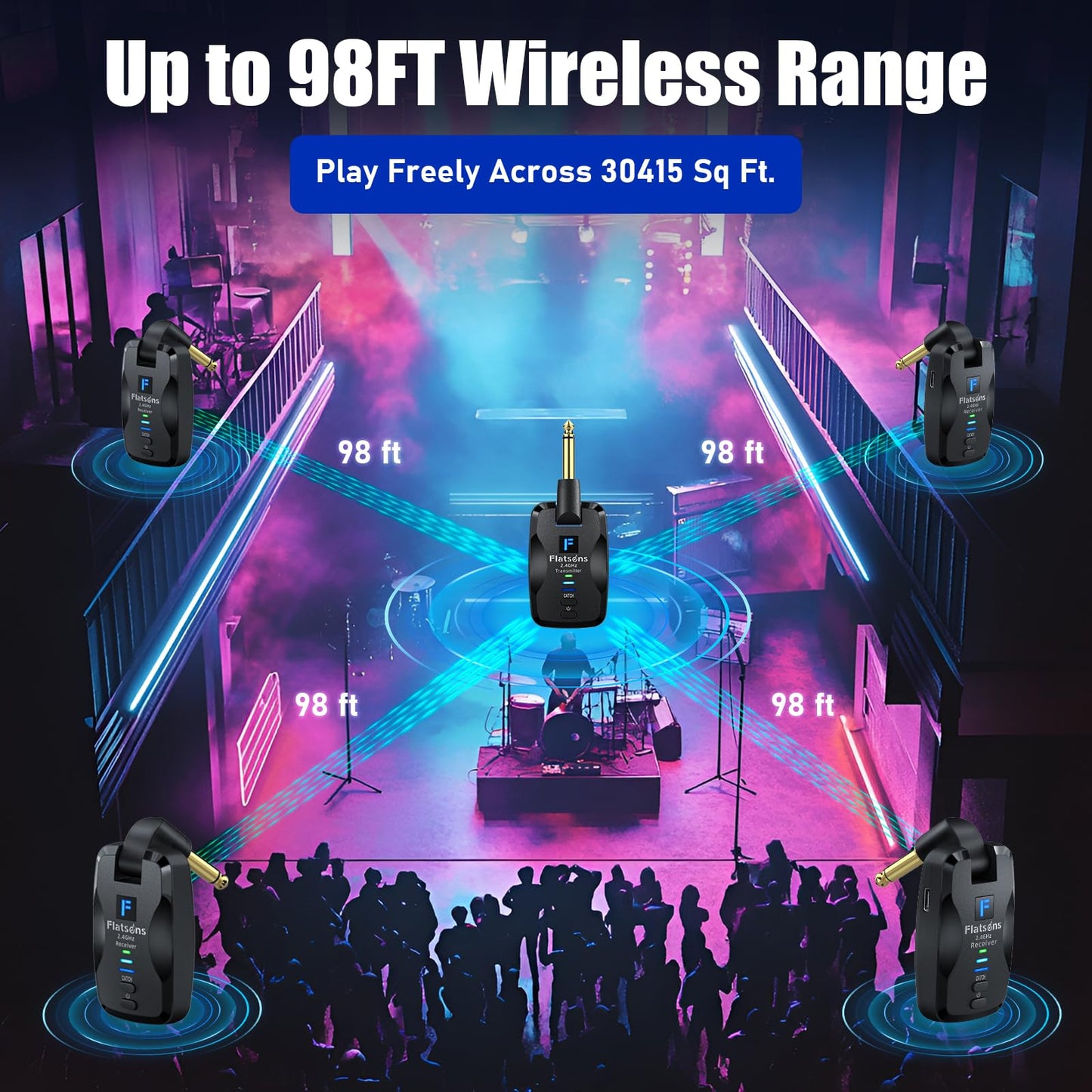 FW2D Wireless Guitar System Exclusive Mute Plug, 2.4 GHz Wireless Guitar Transmitter Receiver, 10H Working Cordless Guitar Transmitter Rechargeable USB C for Acoustic Electric Guitar Bass Ukulele etc