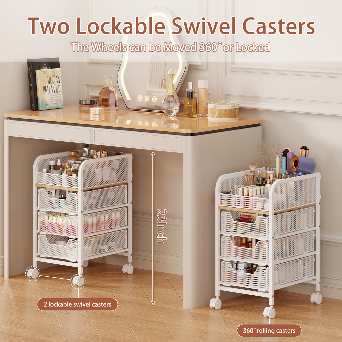 Rolling Makeup Cart Organizer with 3 Drawers, 4-Tier Narrow Floor Skincare Organizers with dividers, Vanity Organizer Cosmetics Display Cases for Makeup Brush, Hair Tool, White