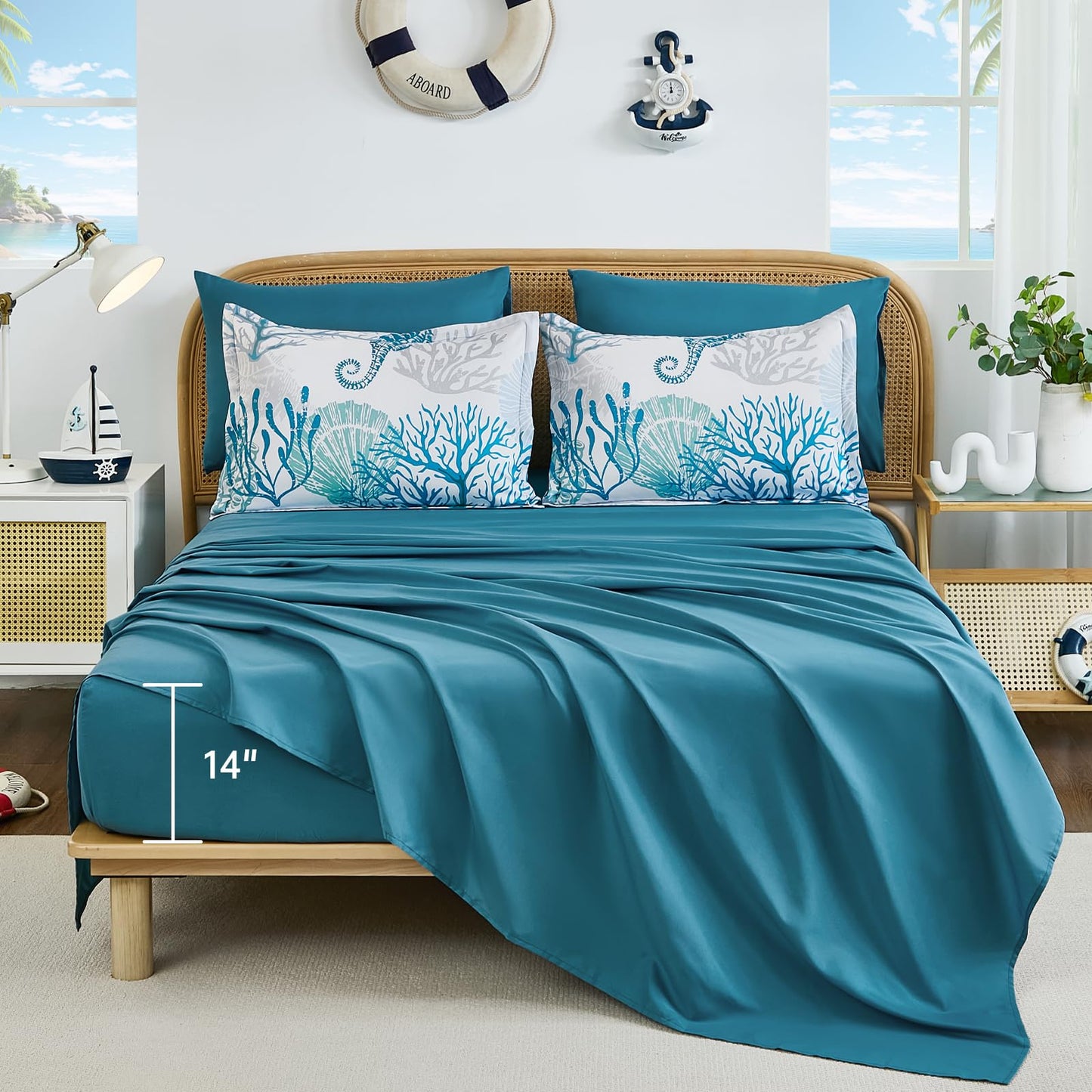 WONGS BEDDING Coastal Comforter Set Queen, Beach Themed Comforter,7 Pieces Ocean Nautical Seaweed & Starfish Bed in a Bag (90"×90")