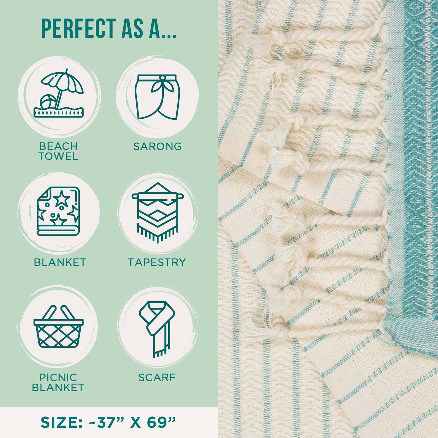 Sand Cloud Large Turkish Beach Towel - Sand Free - 100% Organic Turkish Cotton Yarn - Quick Dry Towel for Beach, Picnic Blanket or Throw - As Seen on Shark Tank - Boho Turquoise XL