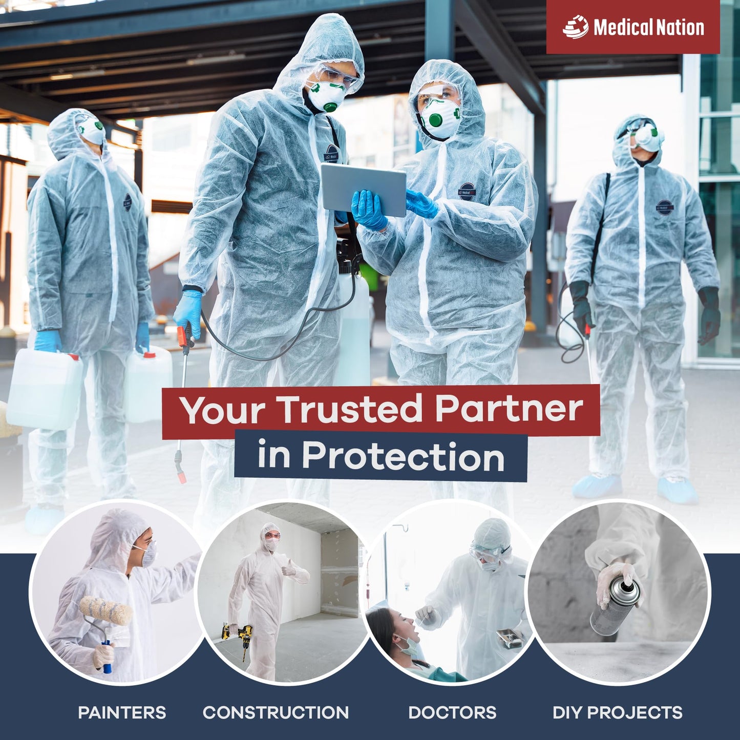 Medical Nation Hazmat Suits Disposable | 25 Pack | Light Duty Disposable Coveralls Men | With Attached Hood - Overall Protective Chemical Suit for Men & Women, Disposable Paint Suit - Size Extra Large
