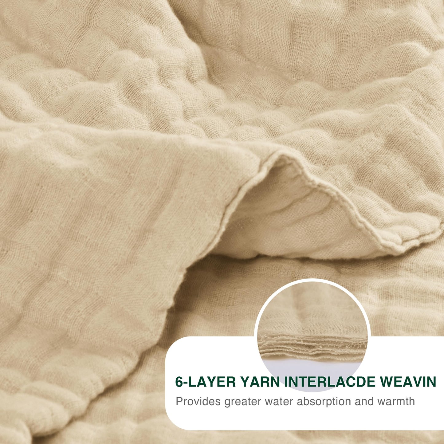 Love's cabin 100% Cotton Muslin Blanket, 6 Layer Lightweight Breathable Gauze King Size Blanket 108 x 90 Inches, Soft Summer Blanket for Bed, Khaki