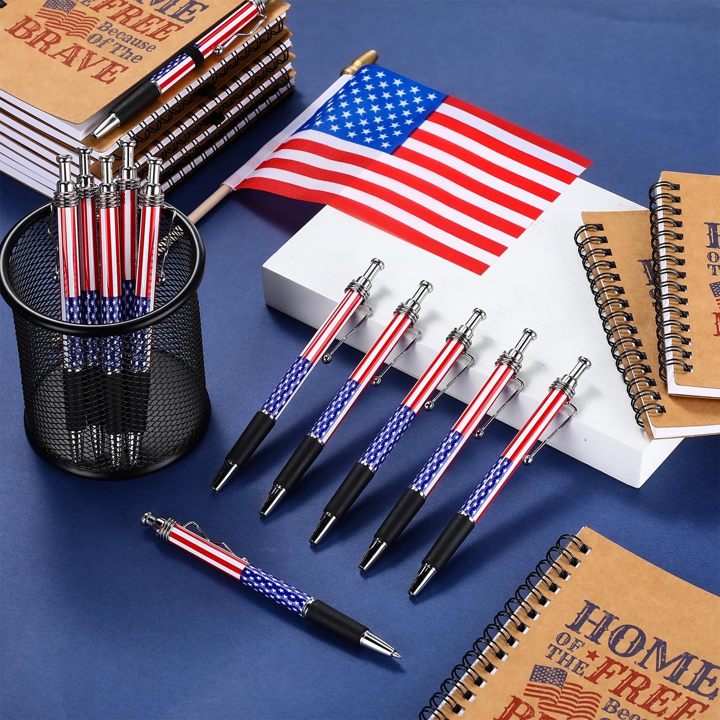 Resurhang 250th Anniversary Memorial Day Gift American Flag Ballpoint Pens Spiral Notebooks Home of The Free Because of The Brave Journal USA Patriotic for Veteran Military Soldier 250th Gift(24 Set)