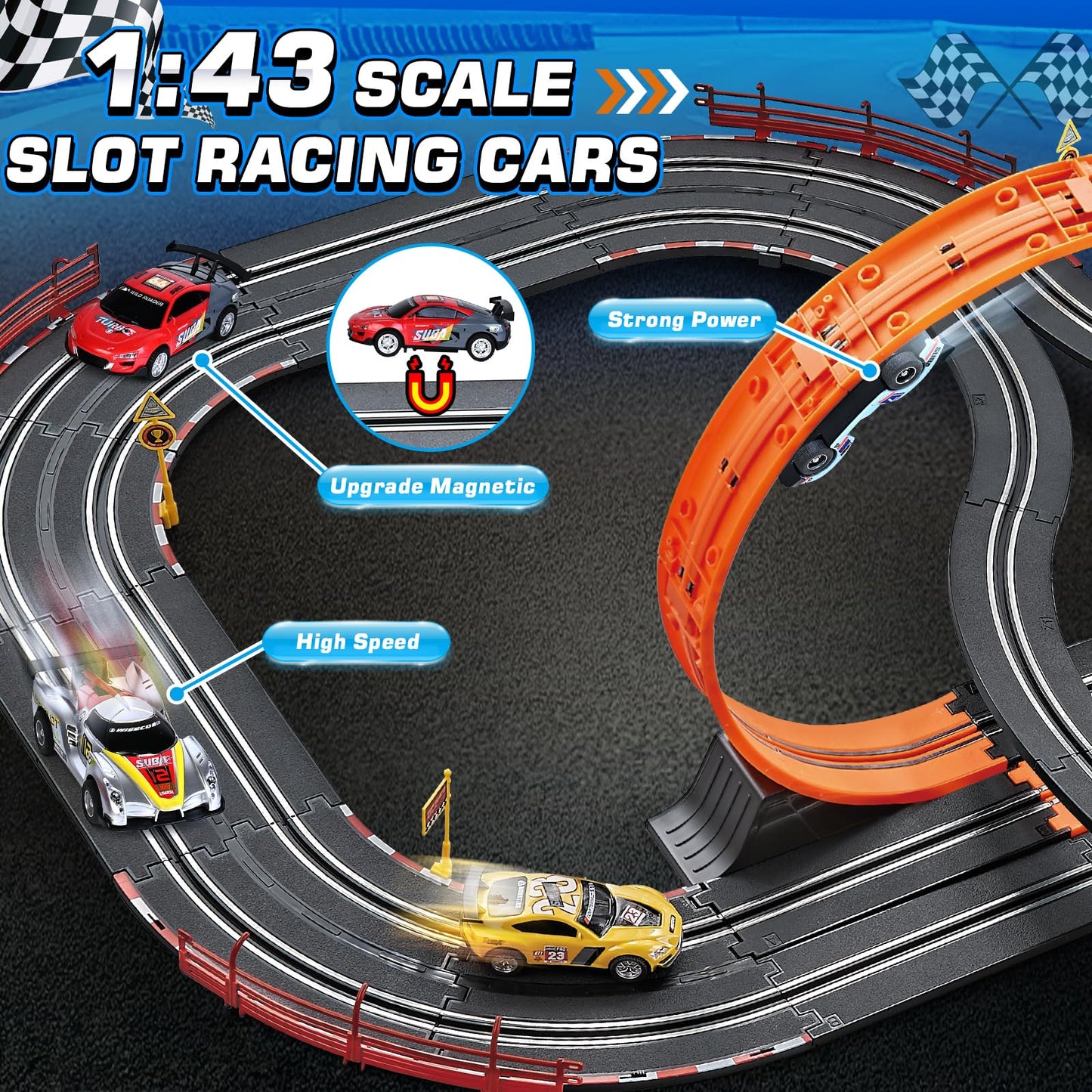 Boy Toys Gifts for 6 7 8-12 Years Old, Slot Car Race Track Sets with 4 Slot Cars, Battery or Electric Car Track for Boys, Dual Racing Game Lap Counter Circular Overpass Track Gifts for Kids