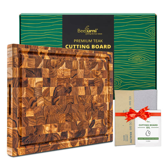 BEEFURNI Teak Wood End Grain Cutting Board (M, 18x14x1.5"), Wooden Cutting Boards for Kitchen with Juice Groove Hand Grip, Durable Serving Board, Charcuterie Boards, Christmas Gifts, 1 Year Warranty