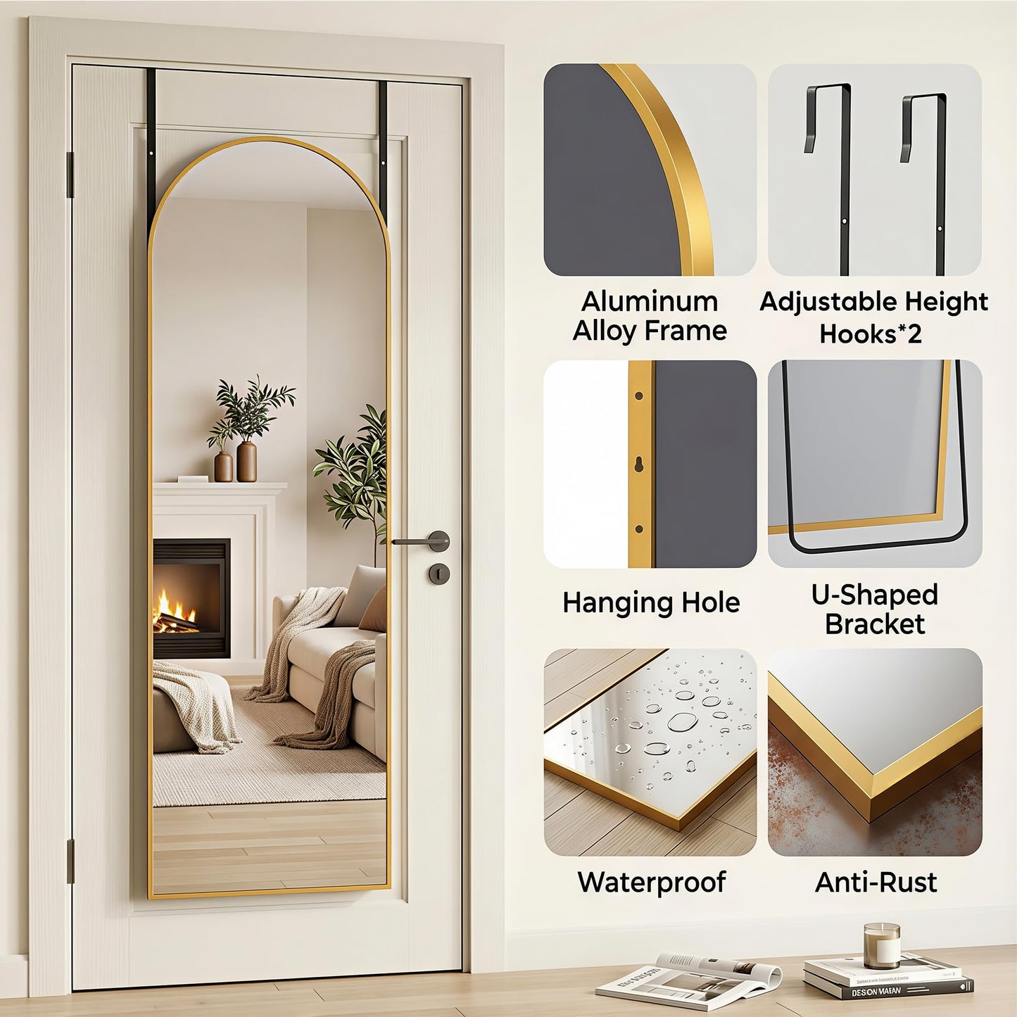 Homsion 58"x20" Over The Door Mirror, Arched Full Length Mirror with Aluminum Frame, Adjustable Hooks, Wall Mounted or Standing for Bedroom Living Room, Gold
