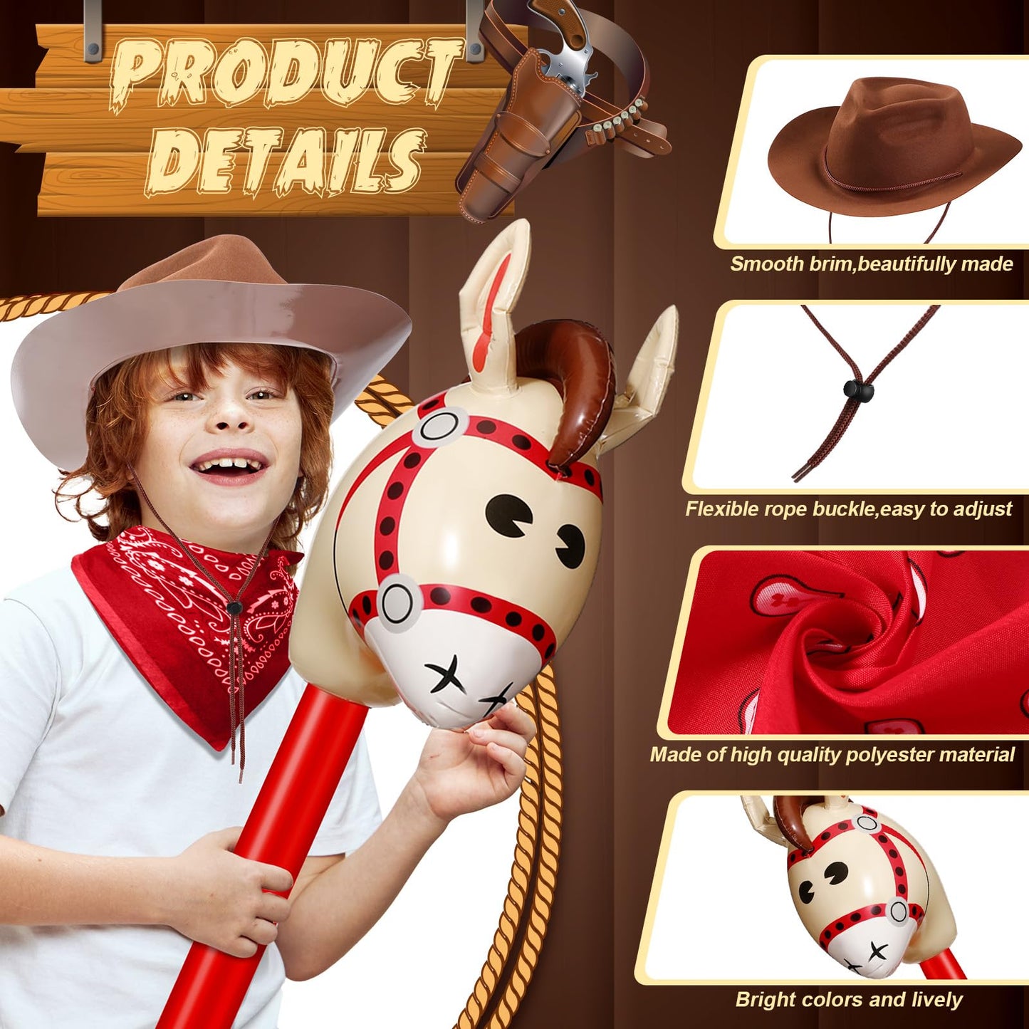 Xtinmee 36 Pcs Cowboy Party Costume Set, Farm Cowboy Hats Paisley Bandanas Inflatable Stick Horses Kids Party Supplies(Multicolor)