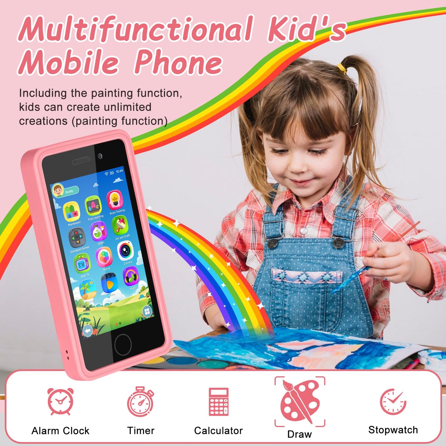 3.97" Touchscreen Kids Toys Smart Phone, Kids Phone with Games & Dual Camera, Toddler Toys Phone, Boys and Girls Learning Toy Phone for 3-9 Years Old (Pink)