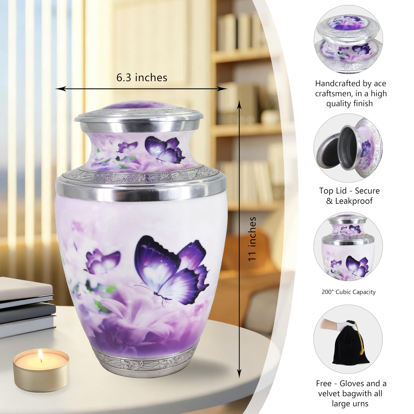 M MEILINXU Urn for Ashes for Woman & Men, Cremation Urns for Human Ashes Adult Female and Male, Burial Urn with Butterflies, Decorative Urns for Funeral, Purple Butterfly and Flowers - Large