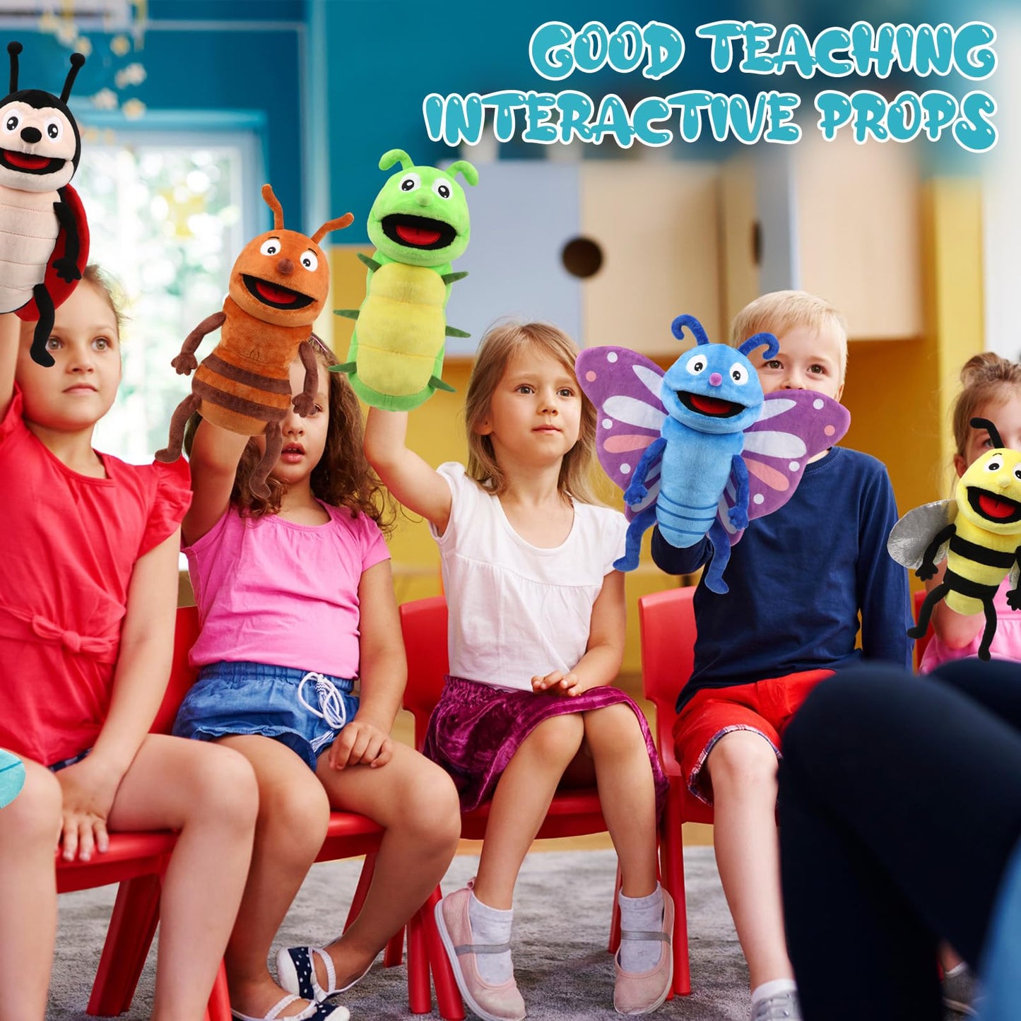 Lenwen 6 Pcs Animal Hand Puppets Bulk 10 Inches Living Realistic Toddler Plush Puppets with Working Mouth for Kids Storytelling Imaginative Role Play Show Game Birthday Party Gifts(Insect)