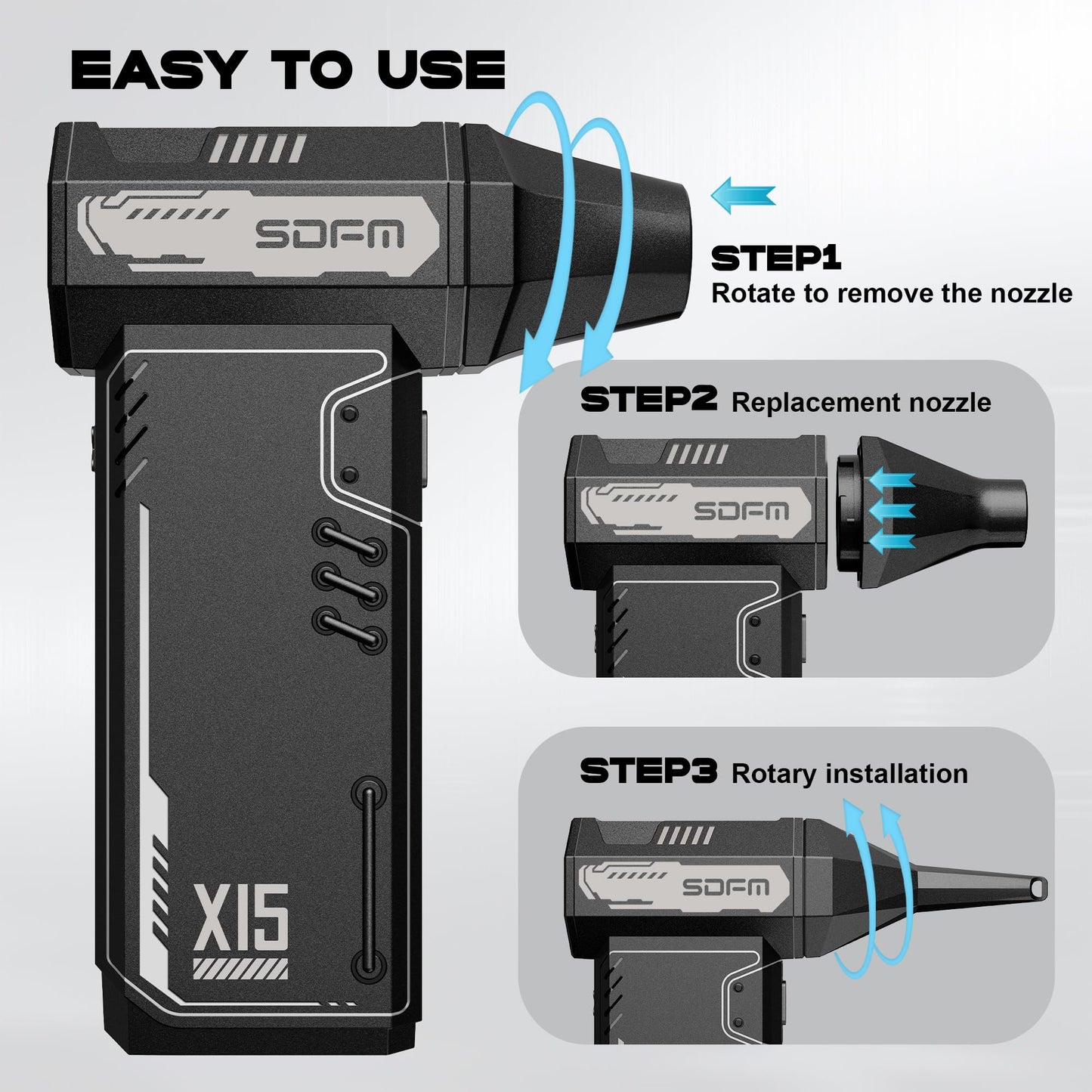 SDFM Compressed Air Duster - 180,000 RPM Electric Air Duster - with Brushless Motor, 3-Gear Adjustable Air Duster - for Keyboard, PC, Car, Air Bed, and Home Cleaning (X15)