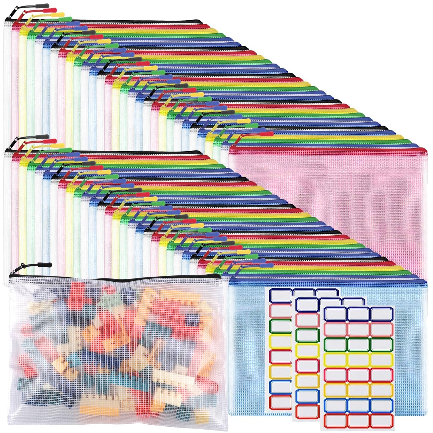 60pcs Large A4 Mesh Zipper Pouch File Bags YOPCDJ Reusable Zippered Pouches for Organizing Classroom, Board Game Storage, Puzzle Bags