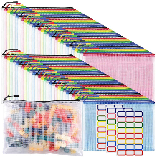 60pcs Large A4 Mesh Zipper Pouch File Bags YOPCDJ Reusable Zippered Pouches for Organizing Classroom, Board Game Storage, Puzzle Bags