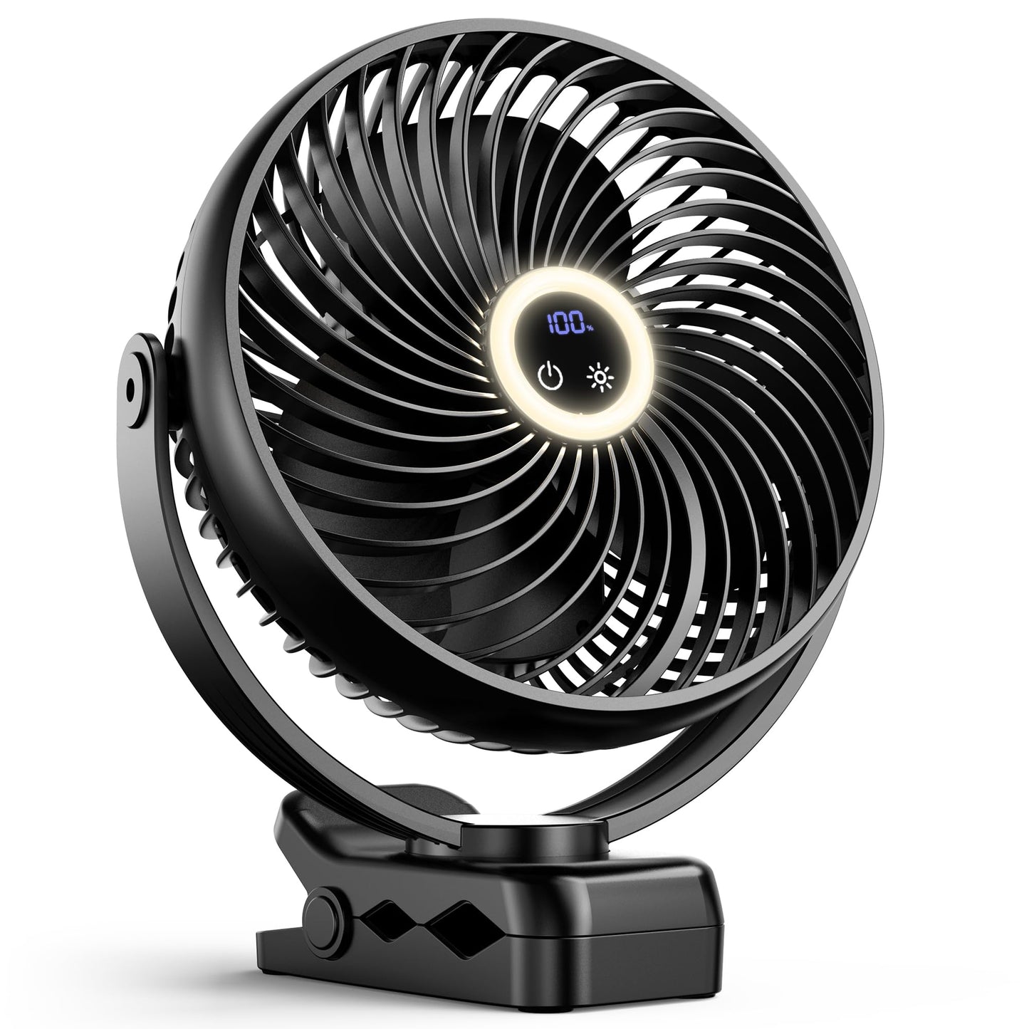 xasla 10000mAh Portable Clip On Fan With Light, 8 Inch Rechargeable Battery Operated Fan, 24H Long-last, Quiet Personal Camping Fan Digital Display, 3 Speed, 360° Rotate, for Gym Outdoor Travel