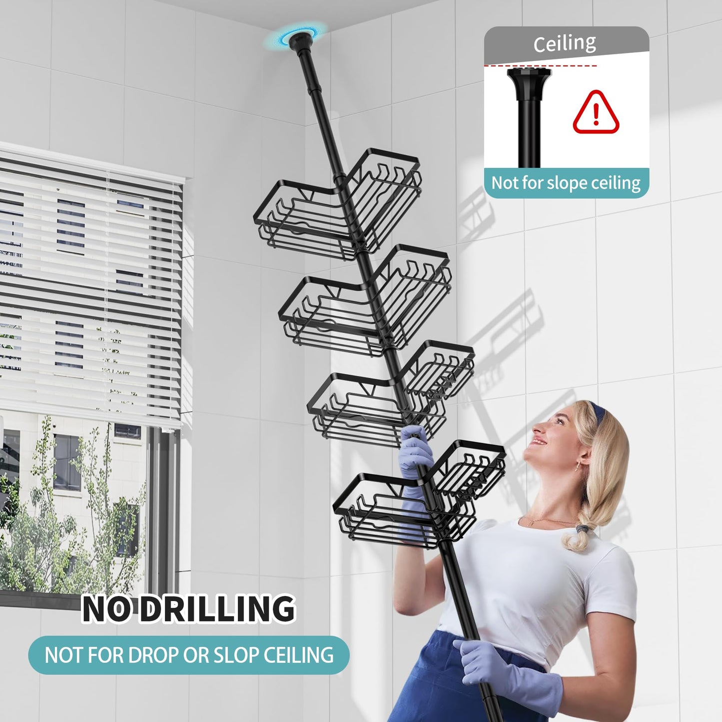 KEGII Shower Caddy Corner Tension Pole with Toothbrush Holder - Adjustable Corner Shower Organizer with Tooth Brush Holder, No Drilling Rustproof Bathroom Shelf Storage Rack, Fits 25-114.2 Inch