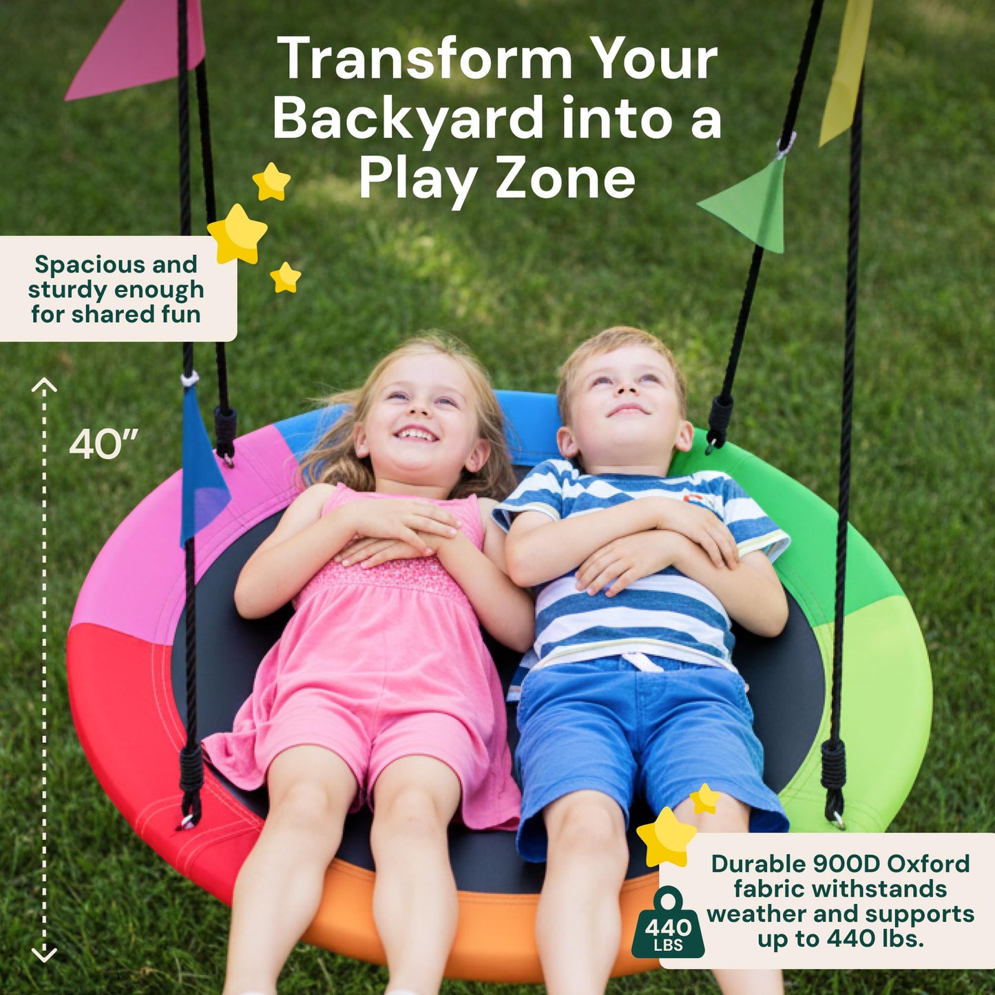 PLAYVIBE 40" Saucer Swing for Kids Outdoor - Tree Swing Set Summer Fun, 440 lb Capacity - Multicolor 600D Oxford Fabric & Adjustable Ropes, Straps & Carabiners
