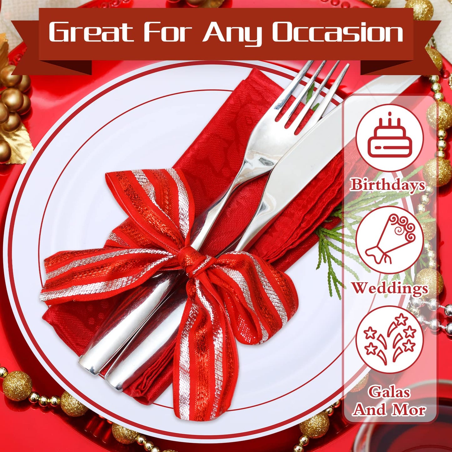 100 Pieces Party Plates Disposable Dinnerware Set 50 Guests Disposable Plastic Dinnerware for Party Dinner and Salad Plates, Plastic Plate with Elegant Rim for Wedding Graduation Party(Red Rim)