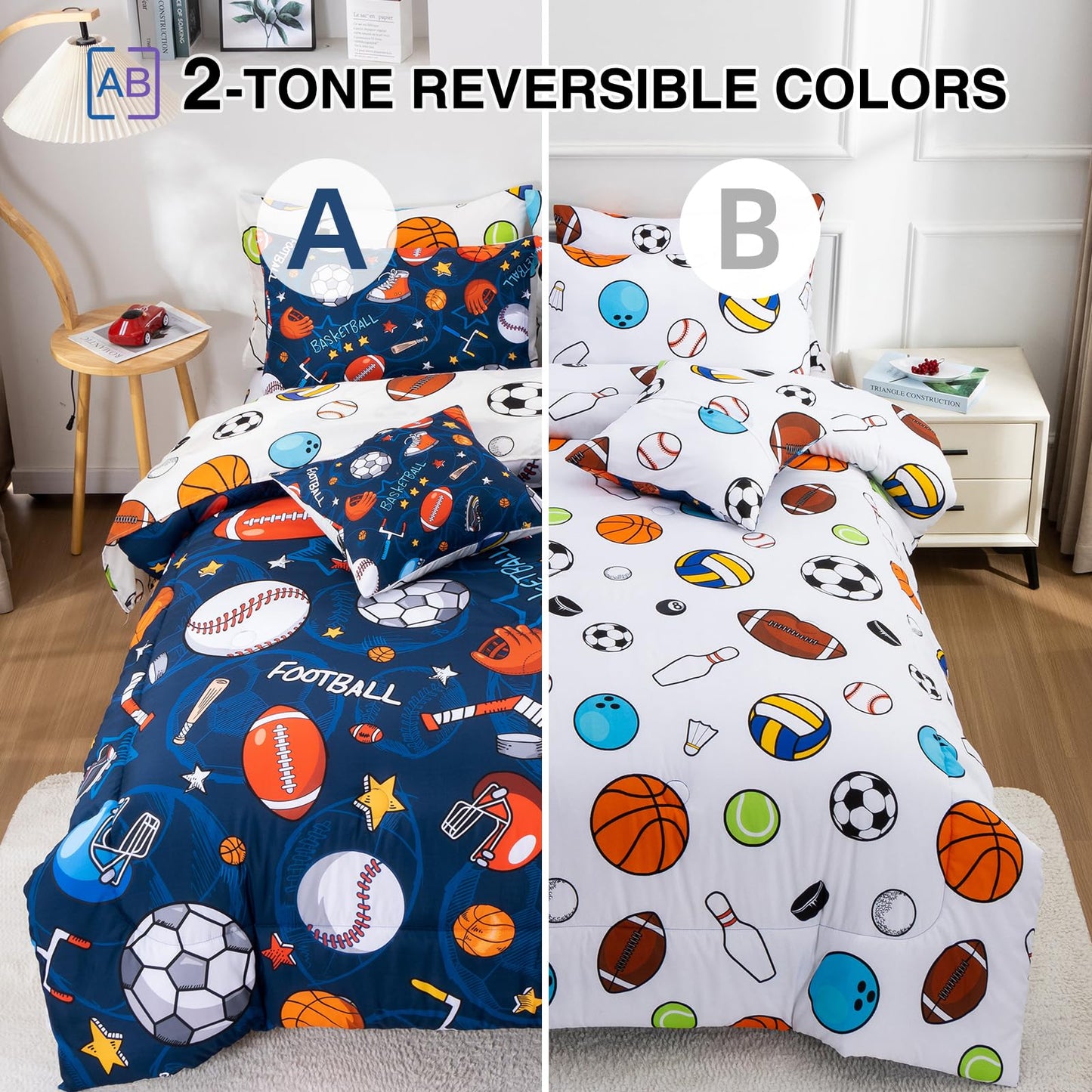 A Nice Night 6Pcs Bed in A Bag Twin Sports Microfiber Modern Comforter Set,Navy Rugby Ball Printed Bedding Collections,for Boys Kids Teen